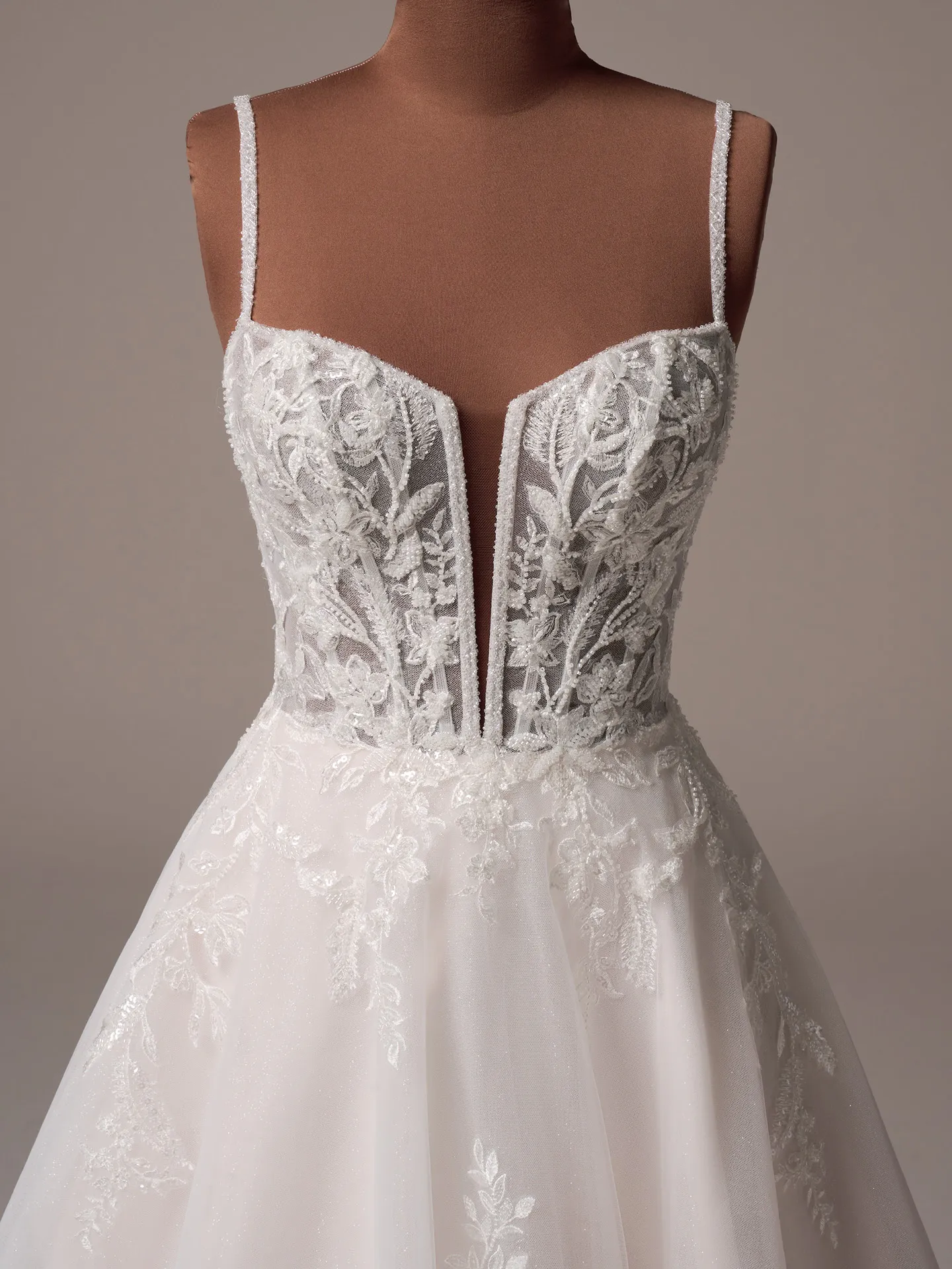 Rebecca Ingram Jude front view lace floral plunge A-line gown
