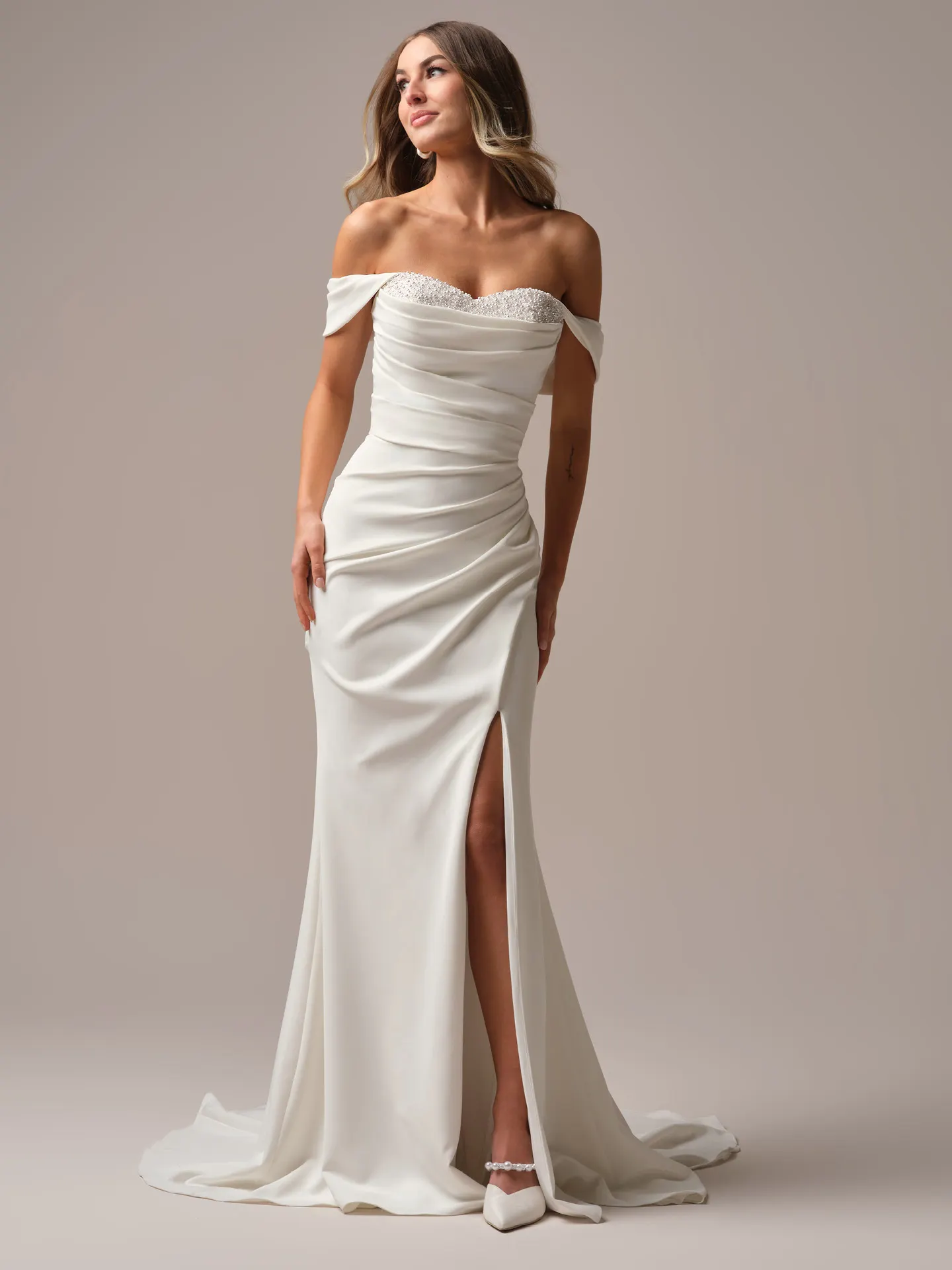 Rebecca Ingram Kathleen front view, pearl sweetheart neckline sheath bridal dress
