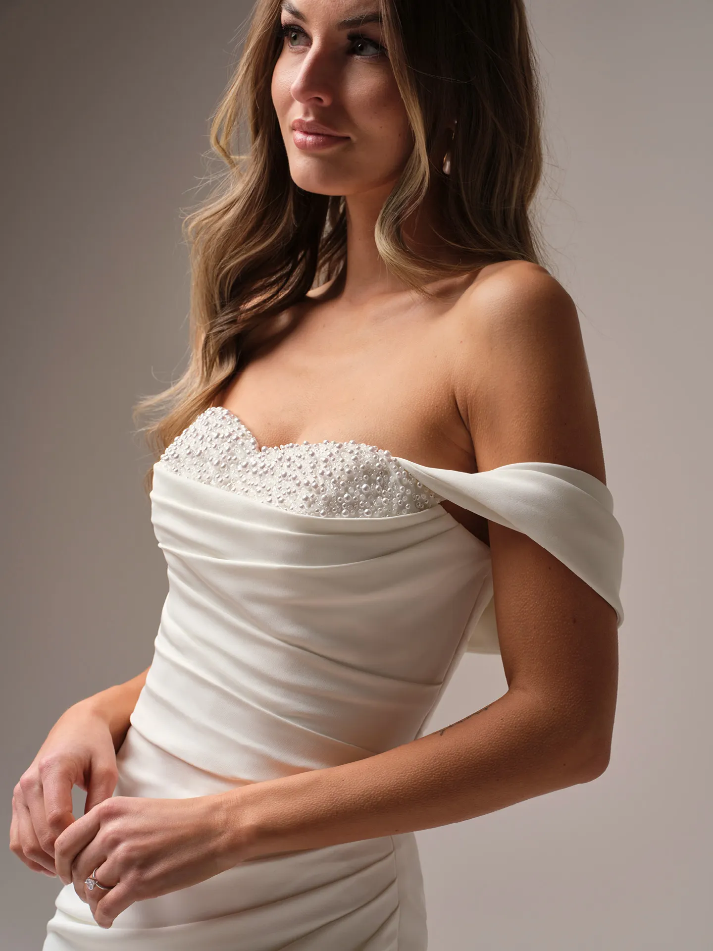 Rebecca Ingram Kathleen sheath dress with pearl cowl and sweetheart neck, front view.