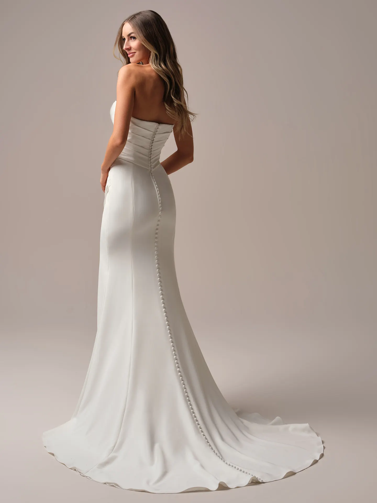 Rebecca Ingram Kathleen back view, sheath wedding dress with buttons.