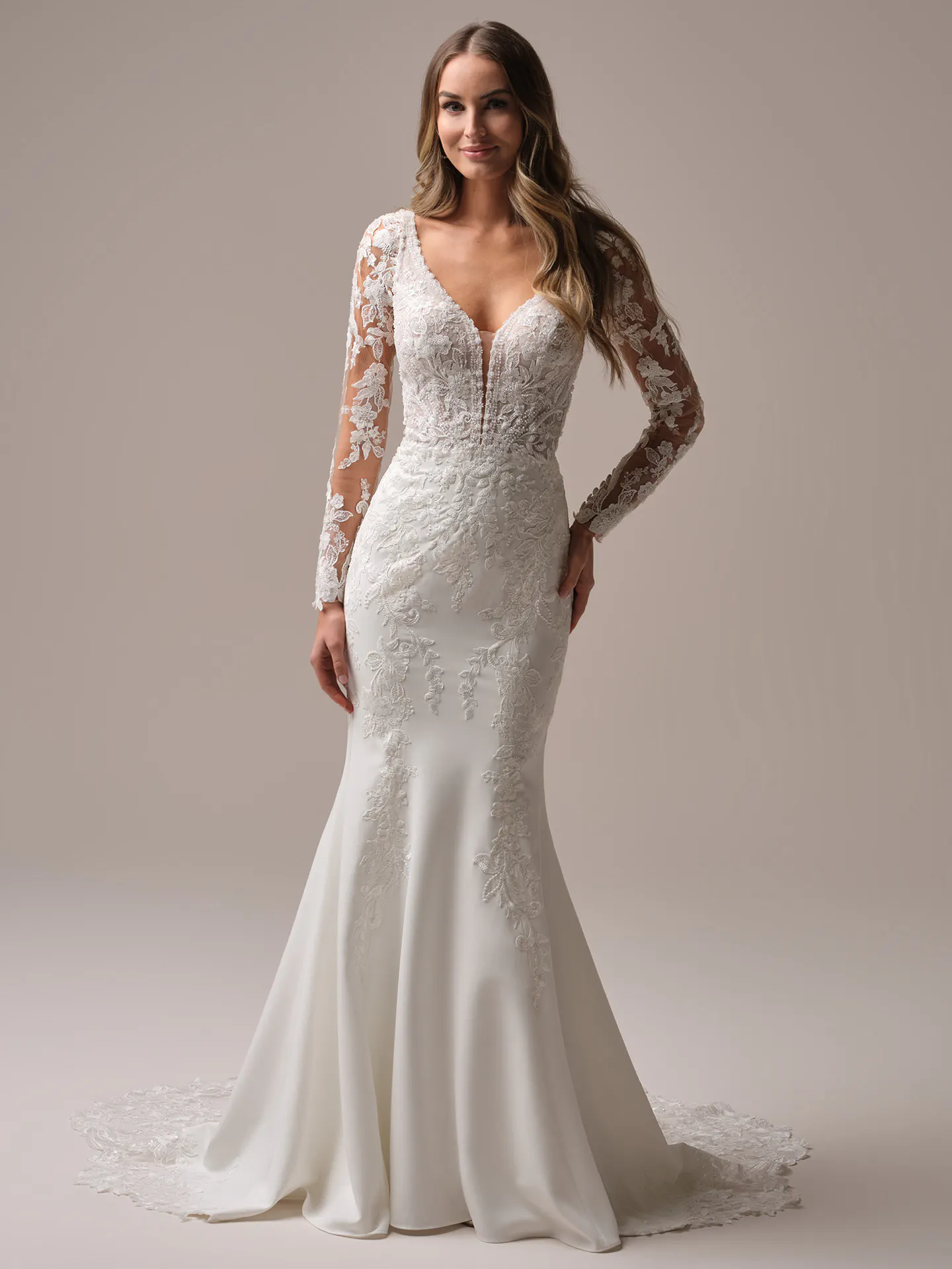 Rebecca Ingram Larissa front view long lace sleeves deep V fit and flare gown