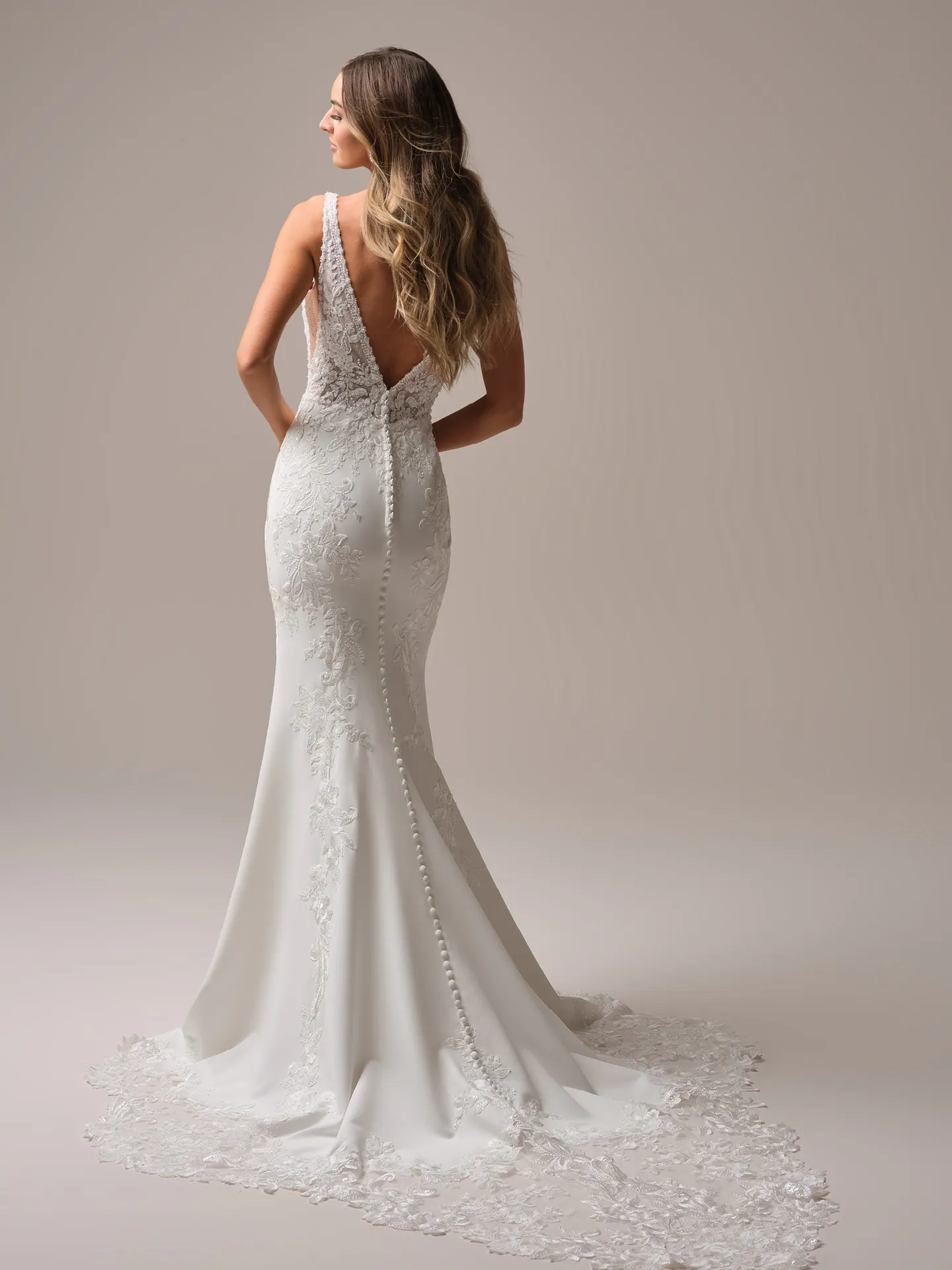 Rebecca Ingram Larissa back view fit-and-flare bridal gown with lace details.