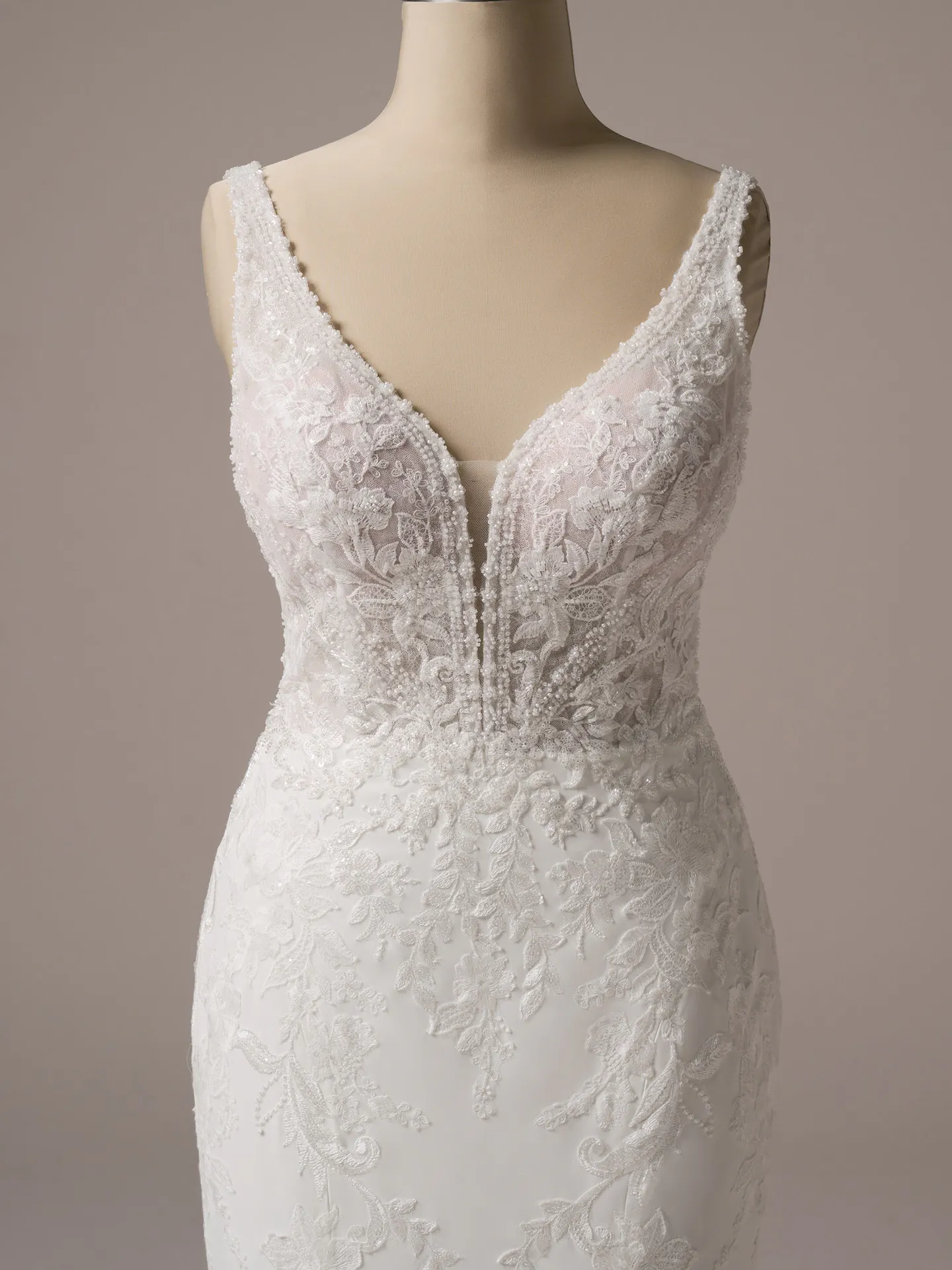 Rebecca Ingram Larissa front view detailed lace fit-and-flare gown