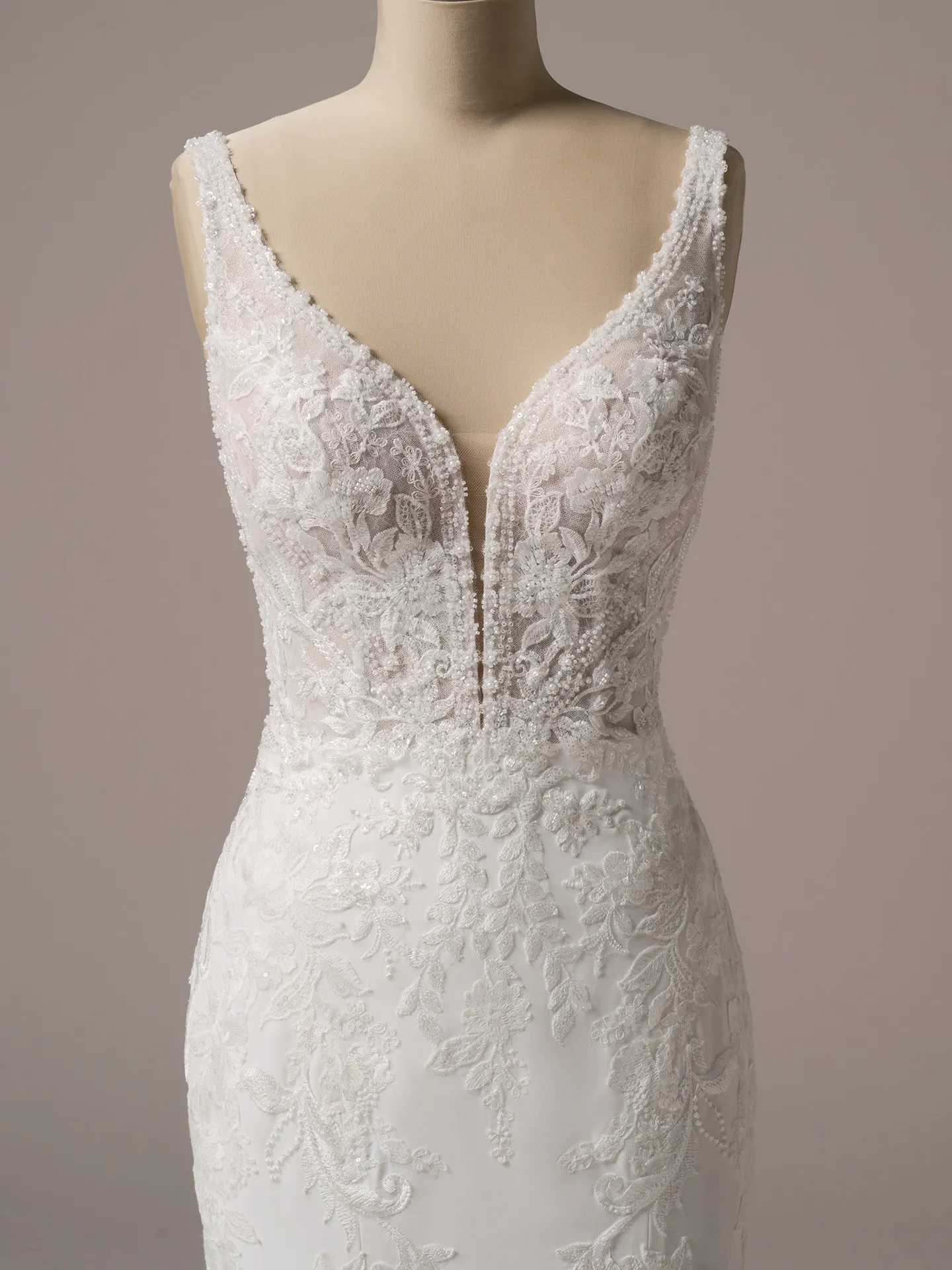 Rebecca Ingram Larissa front view deep-V lace fit-and-flare bridal gown