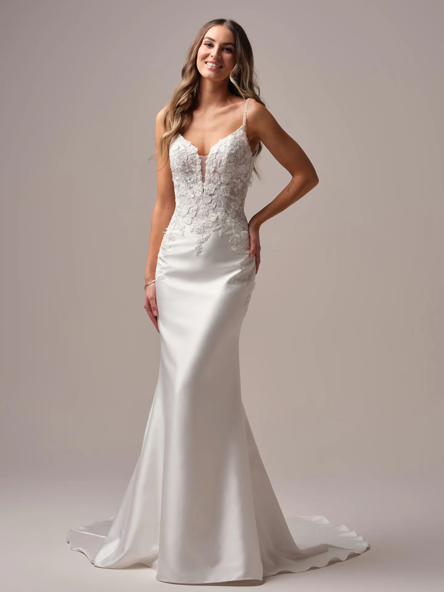 Rebecca Ingram Nova Satin V-Back Sheer Mermaid front view