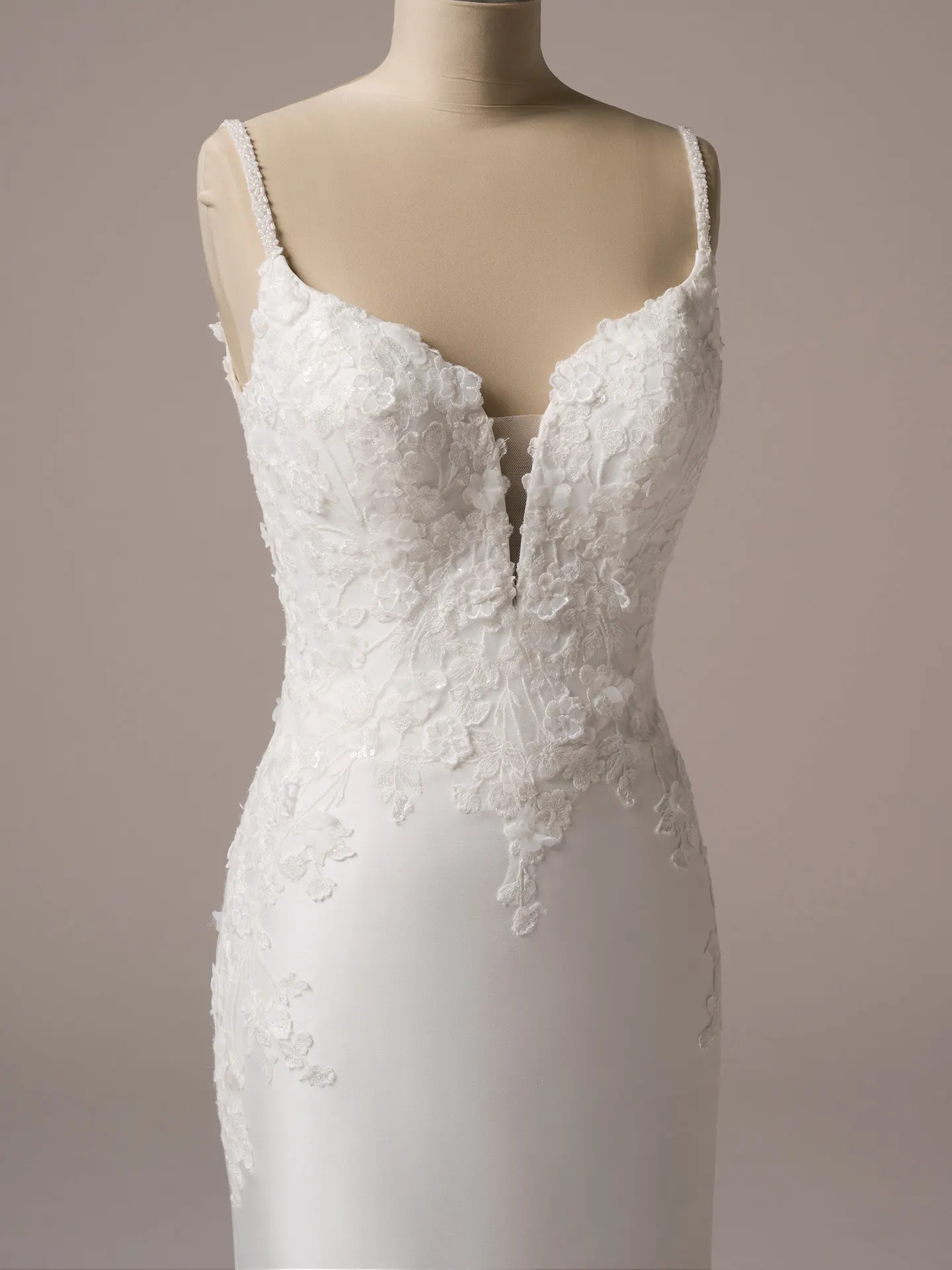 Rebecca Ingram Nova satin V-back sheer mermaid dress front view.