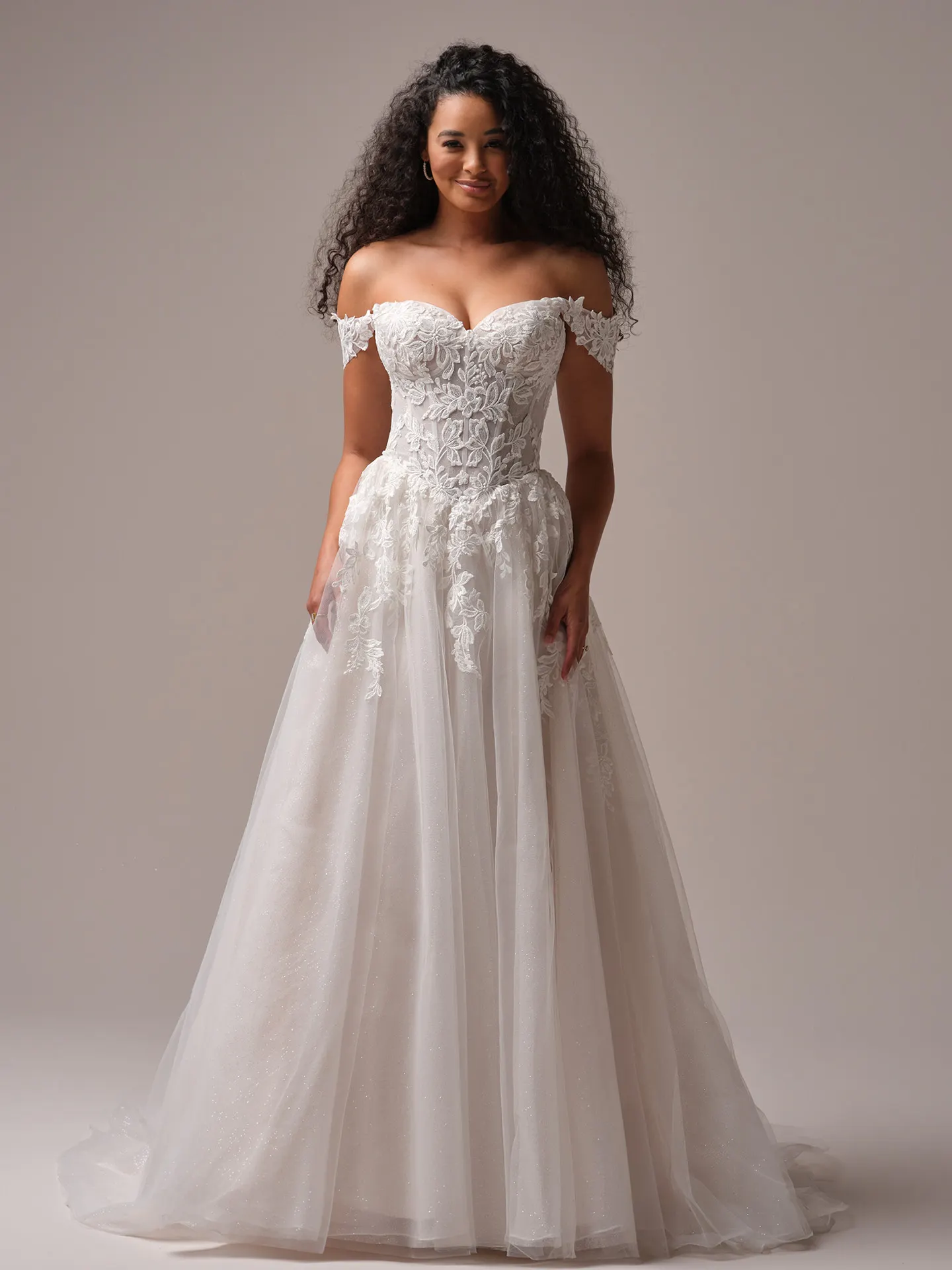 Rebecca Ingram Paige A-line wedding dress front view with lace and sequins