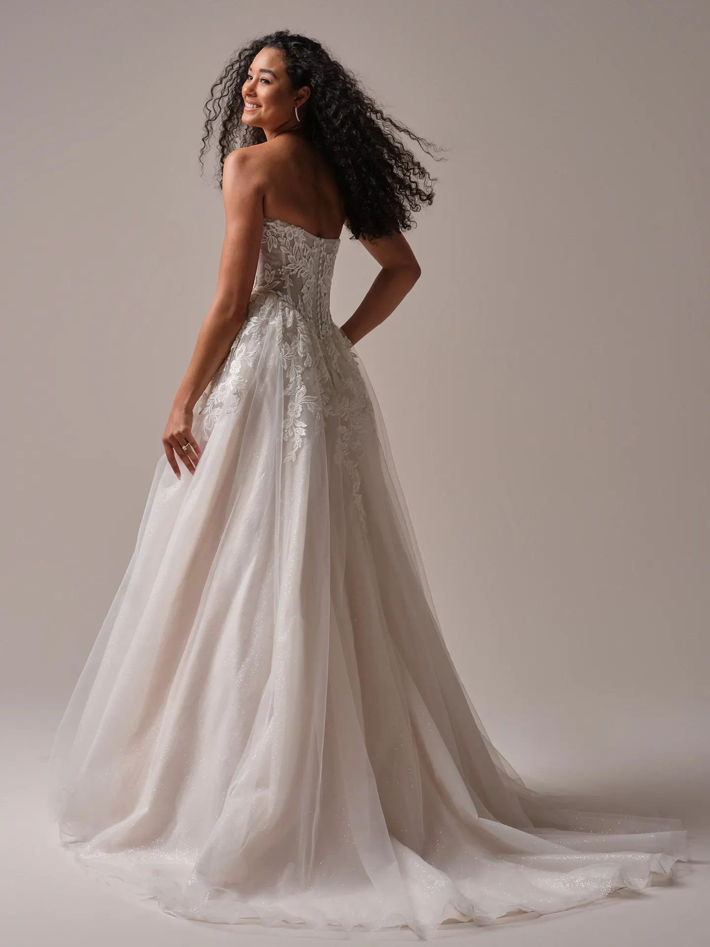 Paige lace-back view A-line gown by Rebecca Ingram