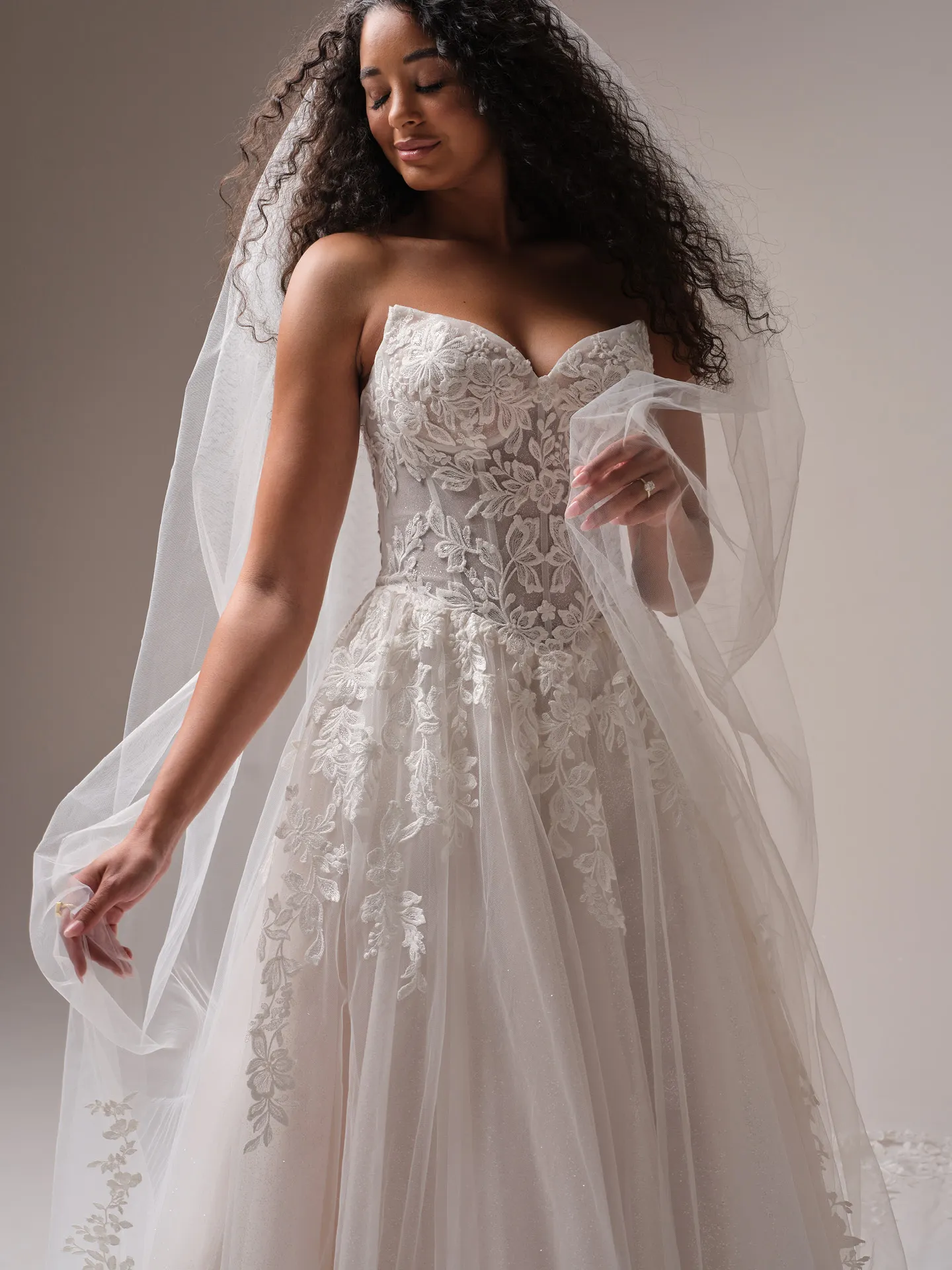 Rebecca Ingram Paige front view A-line sequin wedding dress with lace details