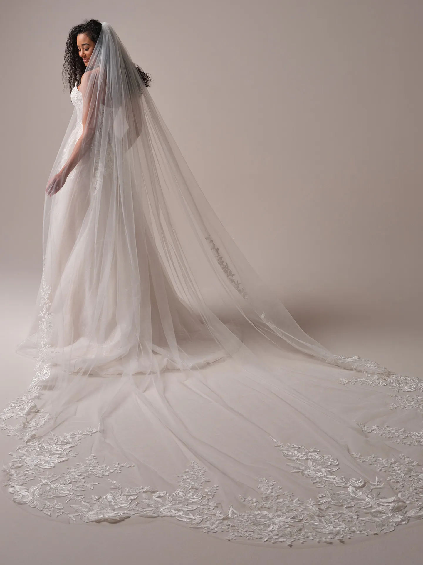 Rebecca Ingram Paige back view, A-line wedding dress with long embroidered veil.