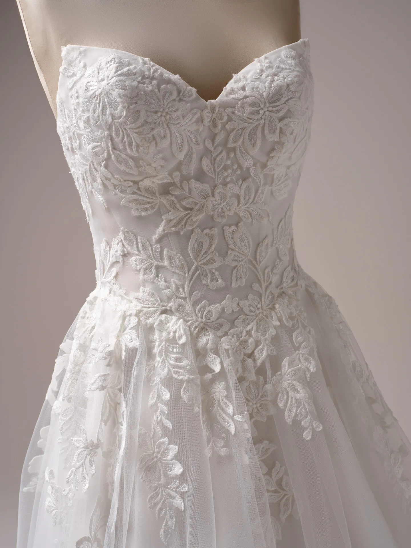 Rebecca Ingram Paige front view, sequin lace detail, A-line wedding dress