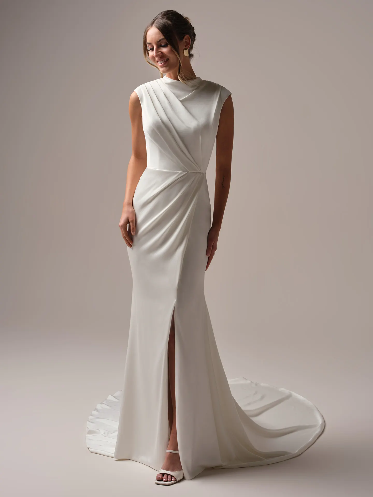 Rebecca Ingram Portia front view sheath with high neck and thigh slit