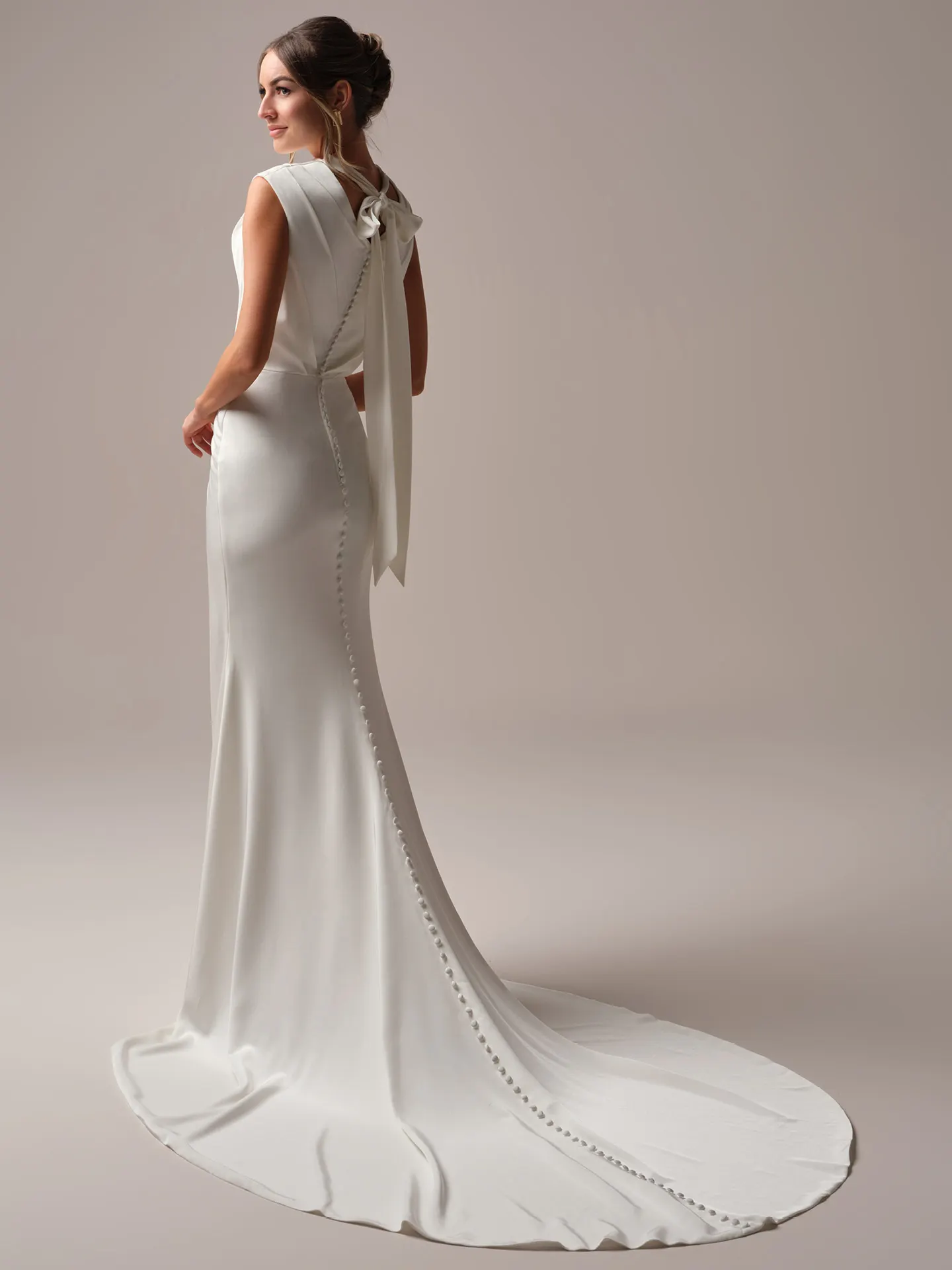 Rebecca Ingram Portia high neck sheath back view with long train