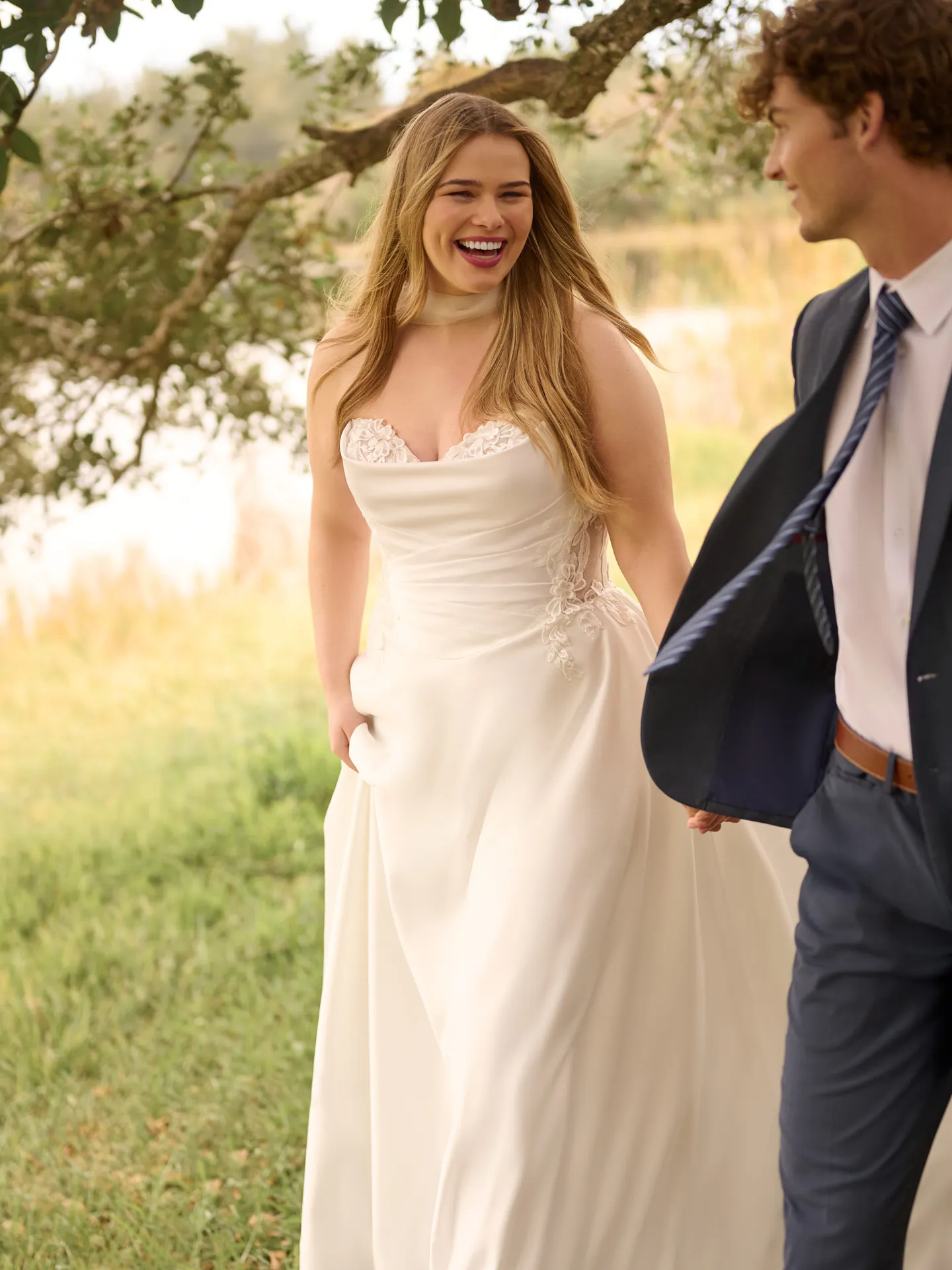 Rebecca Ingram Sable A-line gown front view in garden.