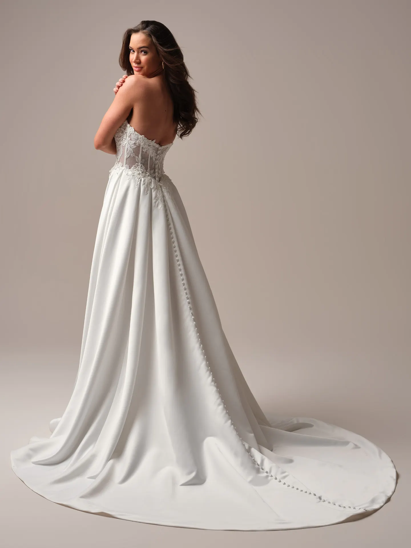 Rebecca Ingram Sable back view, floral lace bodice, A-line gown, long train.
