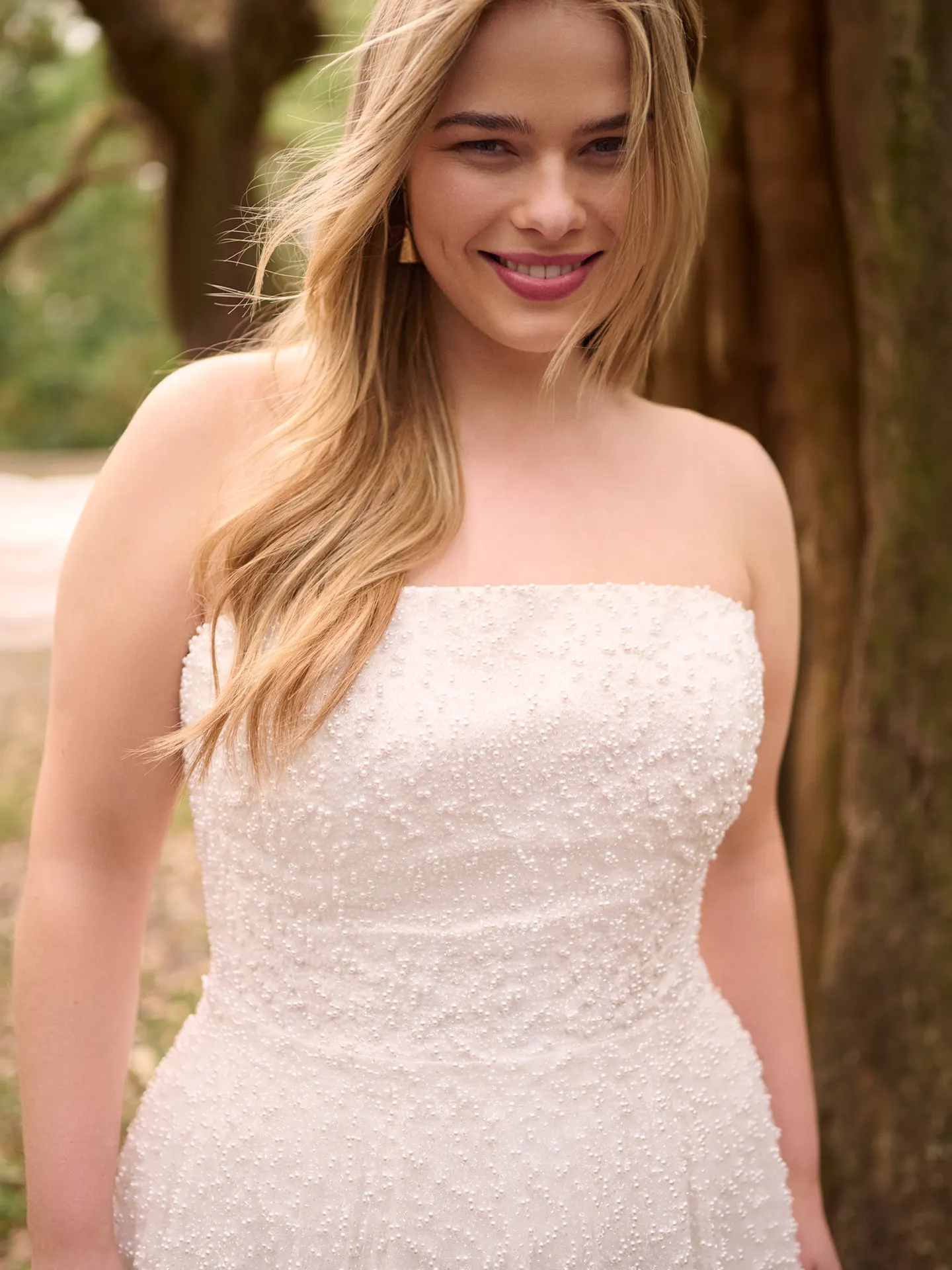 Rebecca Ingram Taylor front view strapless beaded pearl short bridal dress