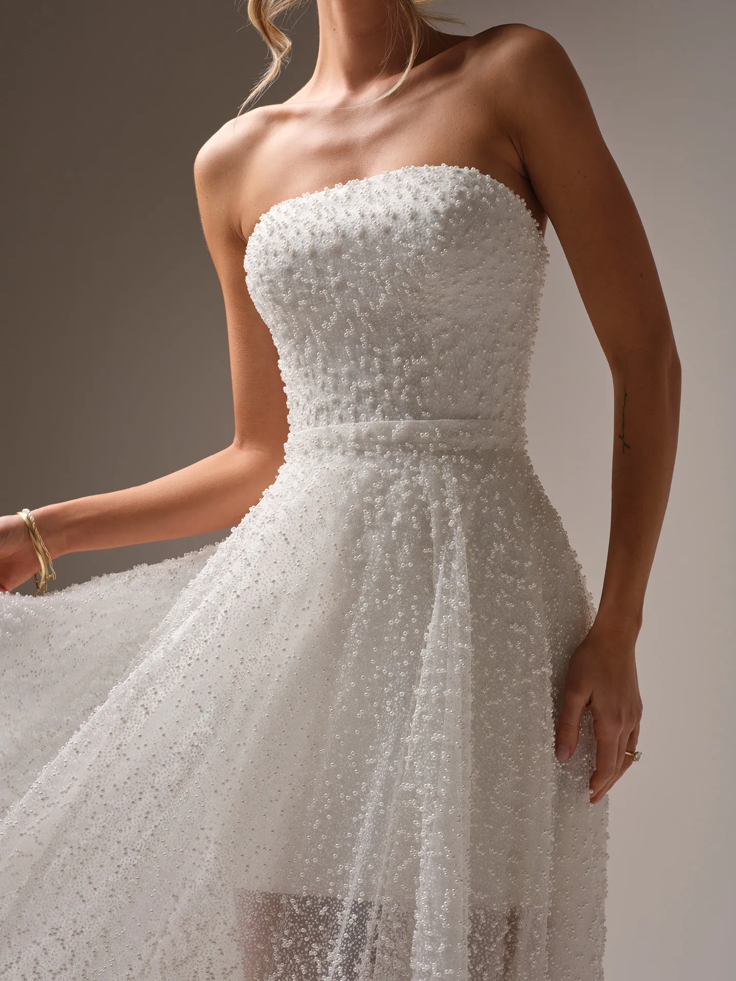 Rebecca Ingram Taylor front view strapless beaded pearl short bridal dress