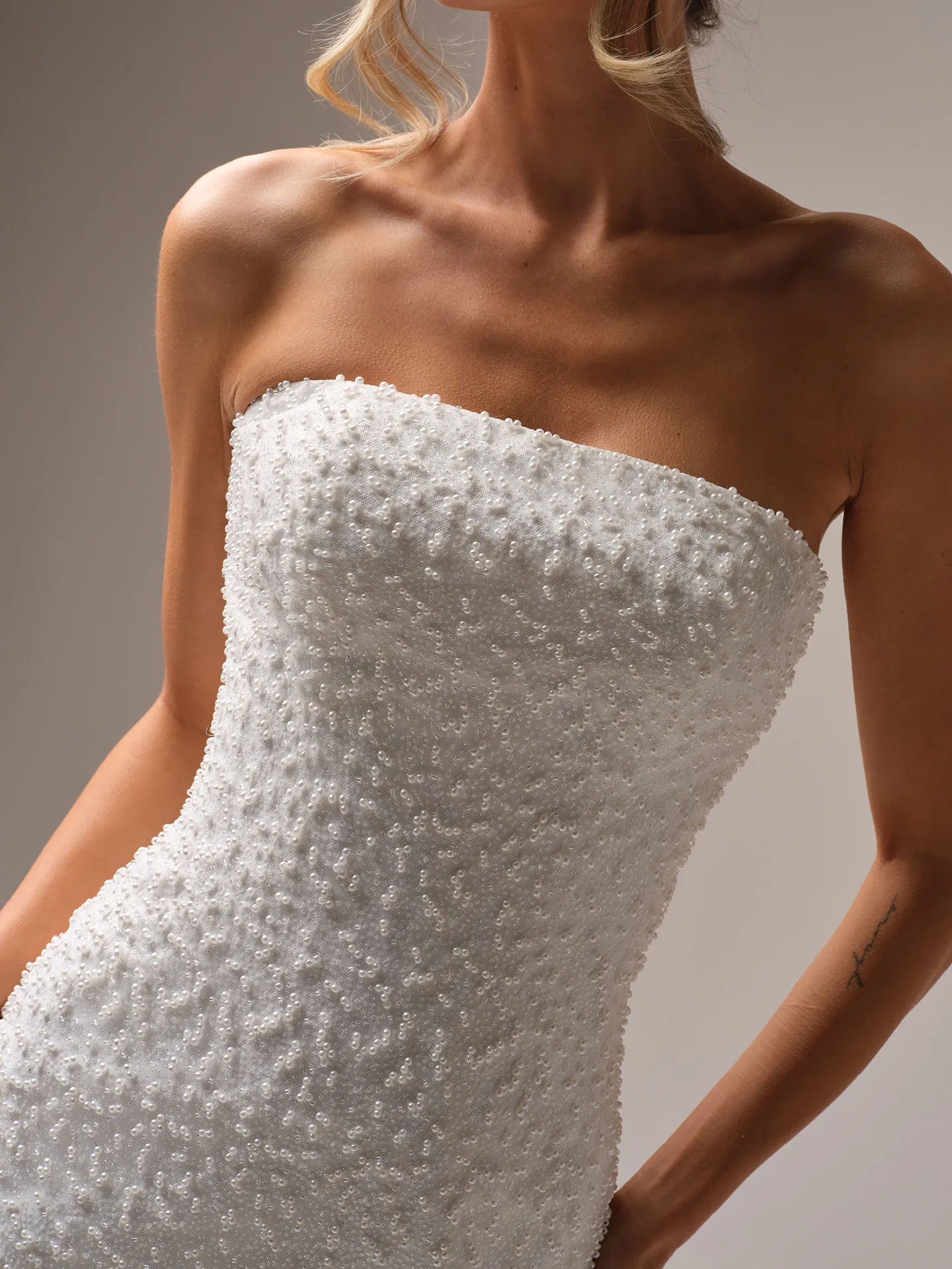 Rebecca Ingram Taylor strapless beaded pearl dress front view