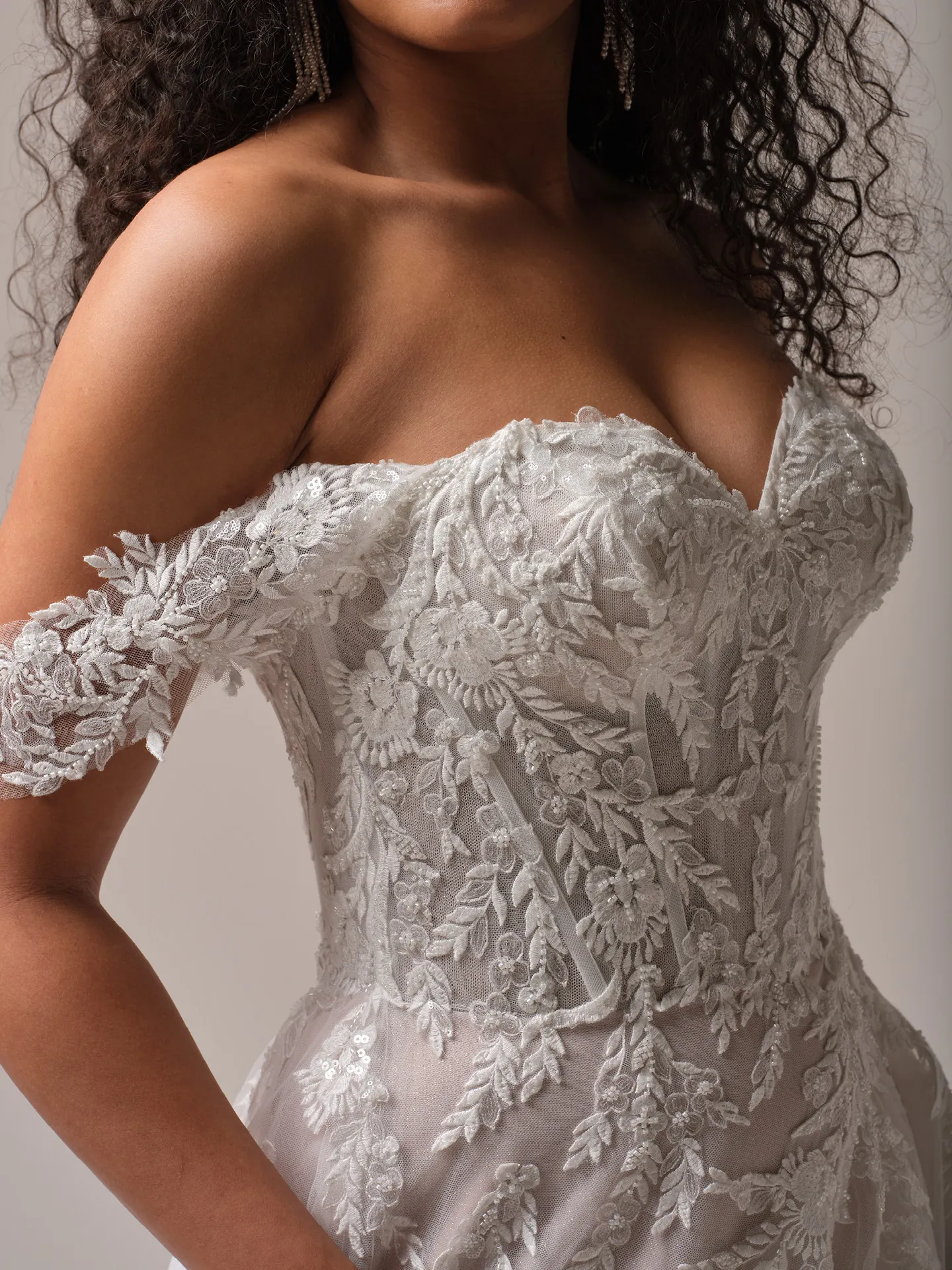 Rebecca Ingram Victoria close-up of floral lace detail on A-line bridal gown.