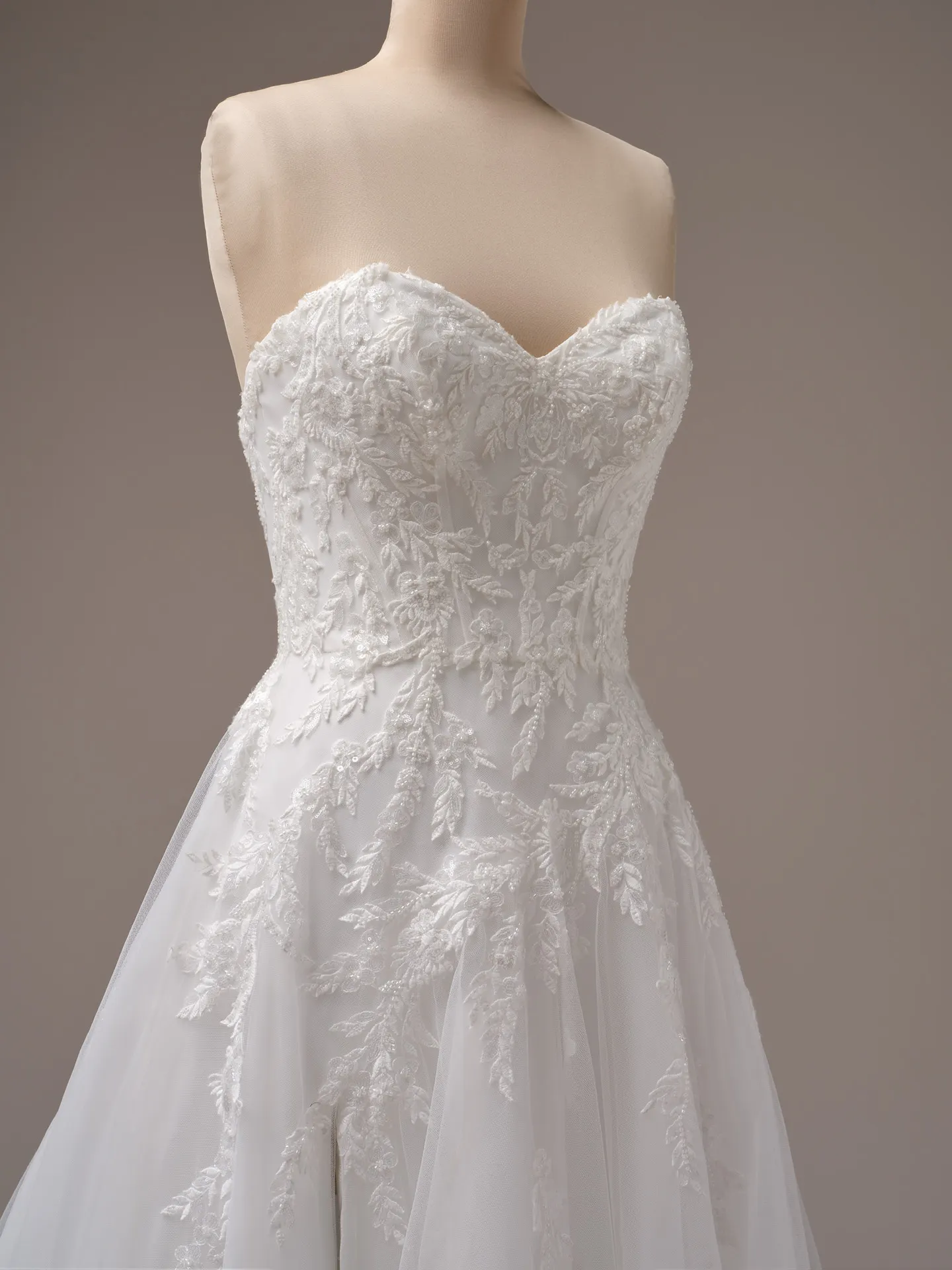 Rebecca Ingram Victoria front view, floral lace detail, A-line bridal gown