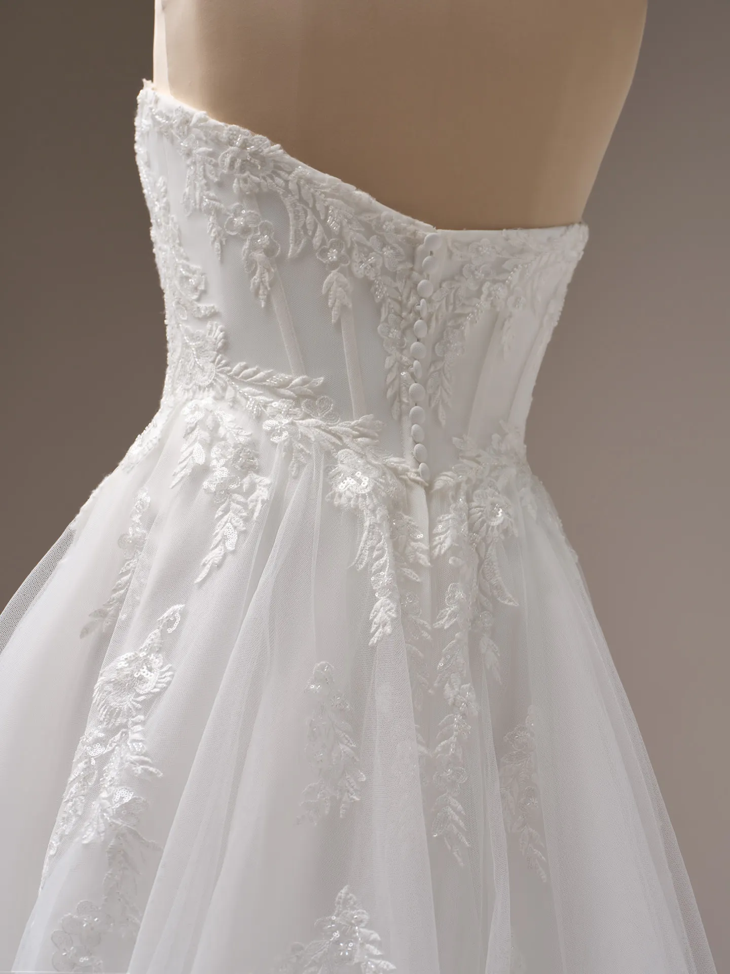Rebecca Ingram Victoria back view, floral lace A-line bridal gown