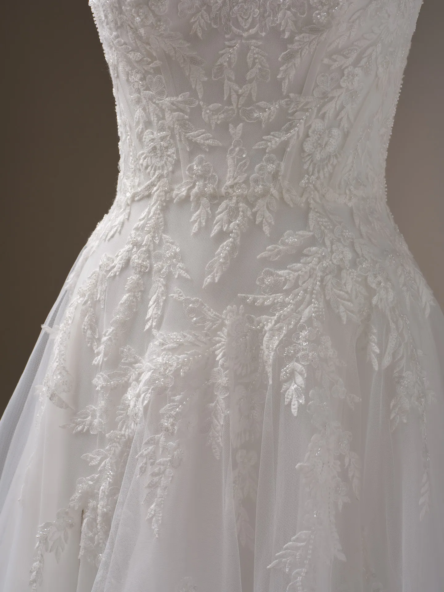 Rebecca Ingram Victoria close-up floral lace A-line gown