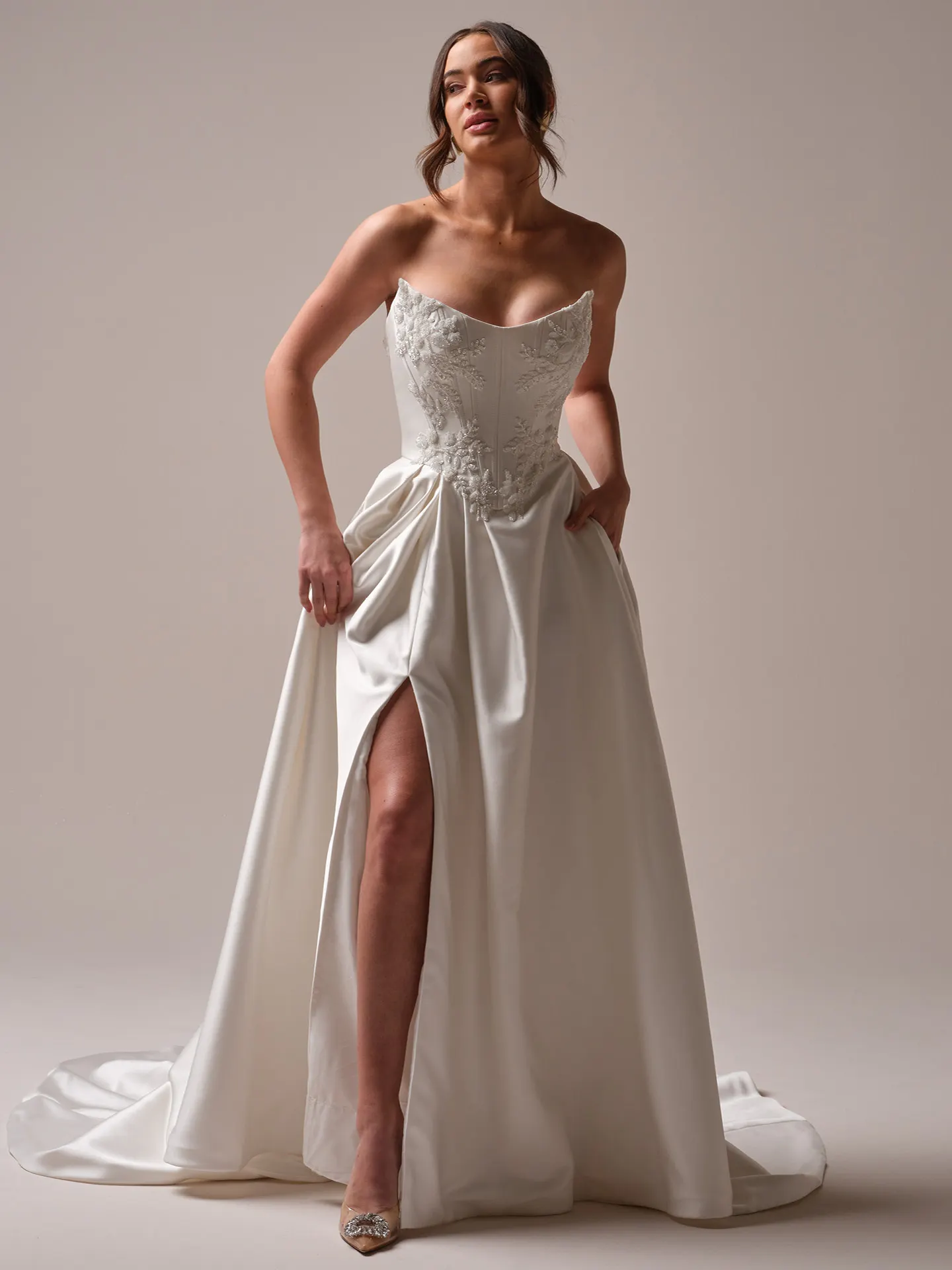 Sottero and Midgley Amadora A line wedding dress side angle with fitted bodice