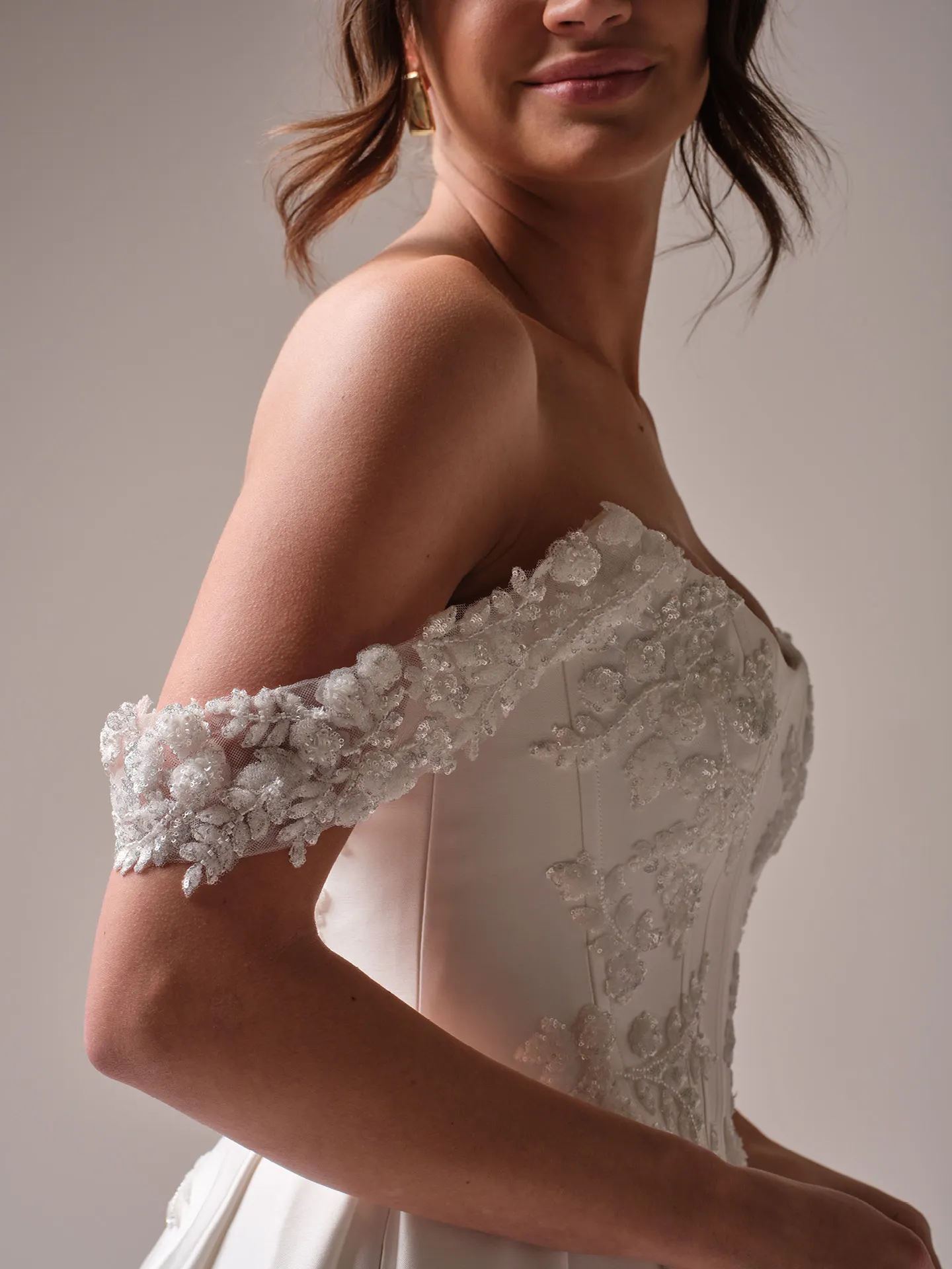 Sottero and Midgley Amadora A line wedding dress side profile with layered skirt
