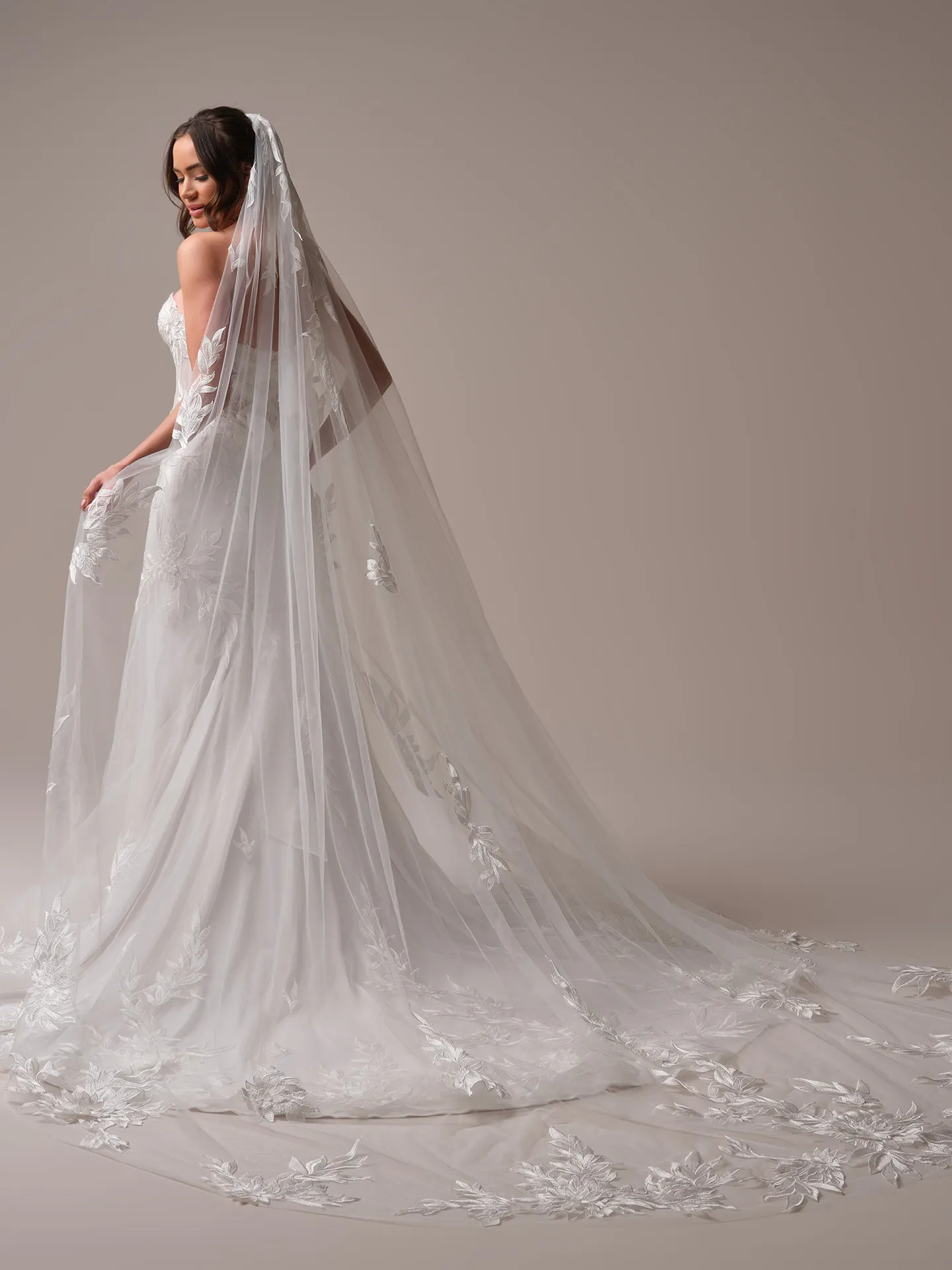 Sottero and Midgley Belladonna fit and flare wedding dress side profile with lace detail