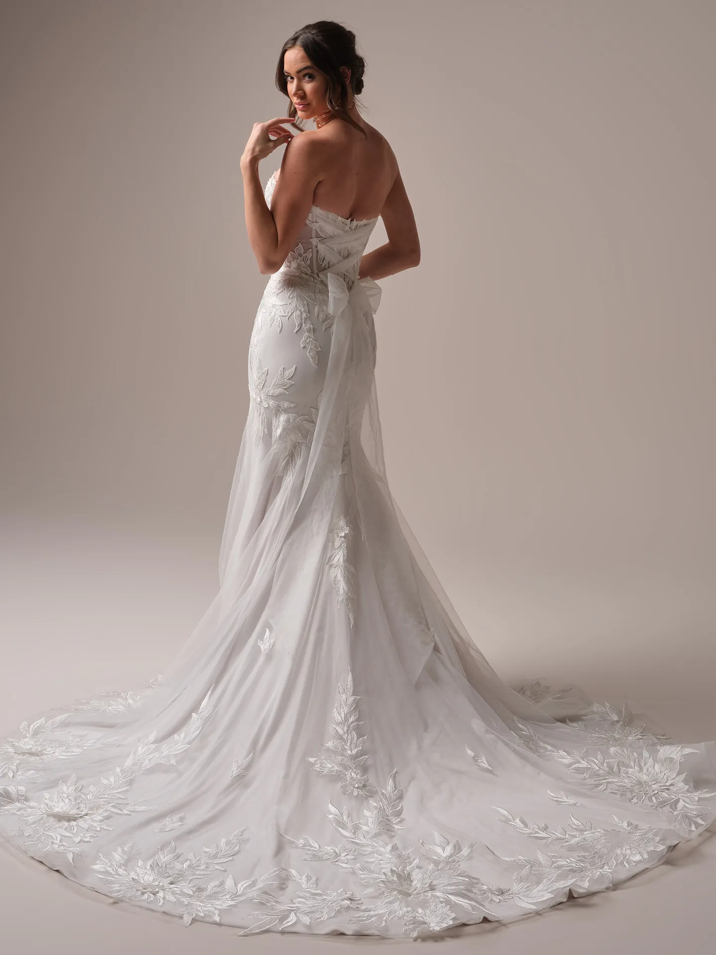 Sottero and Midgley Belladonna fit and flare wedding dress back view with lace train