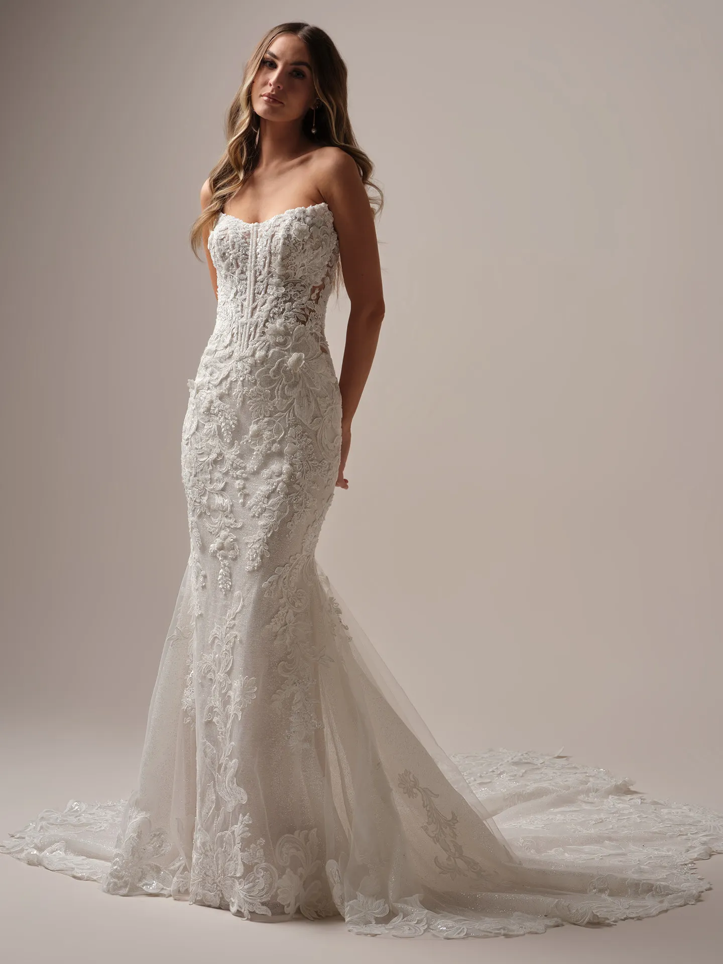 Sottero and Midgley Halle fit and flare wedding dress front view with lace bodice and fitted skirt