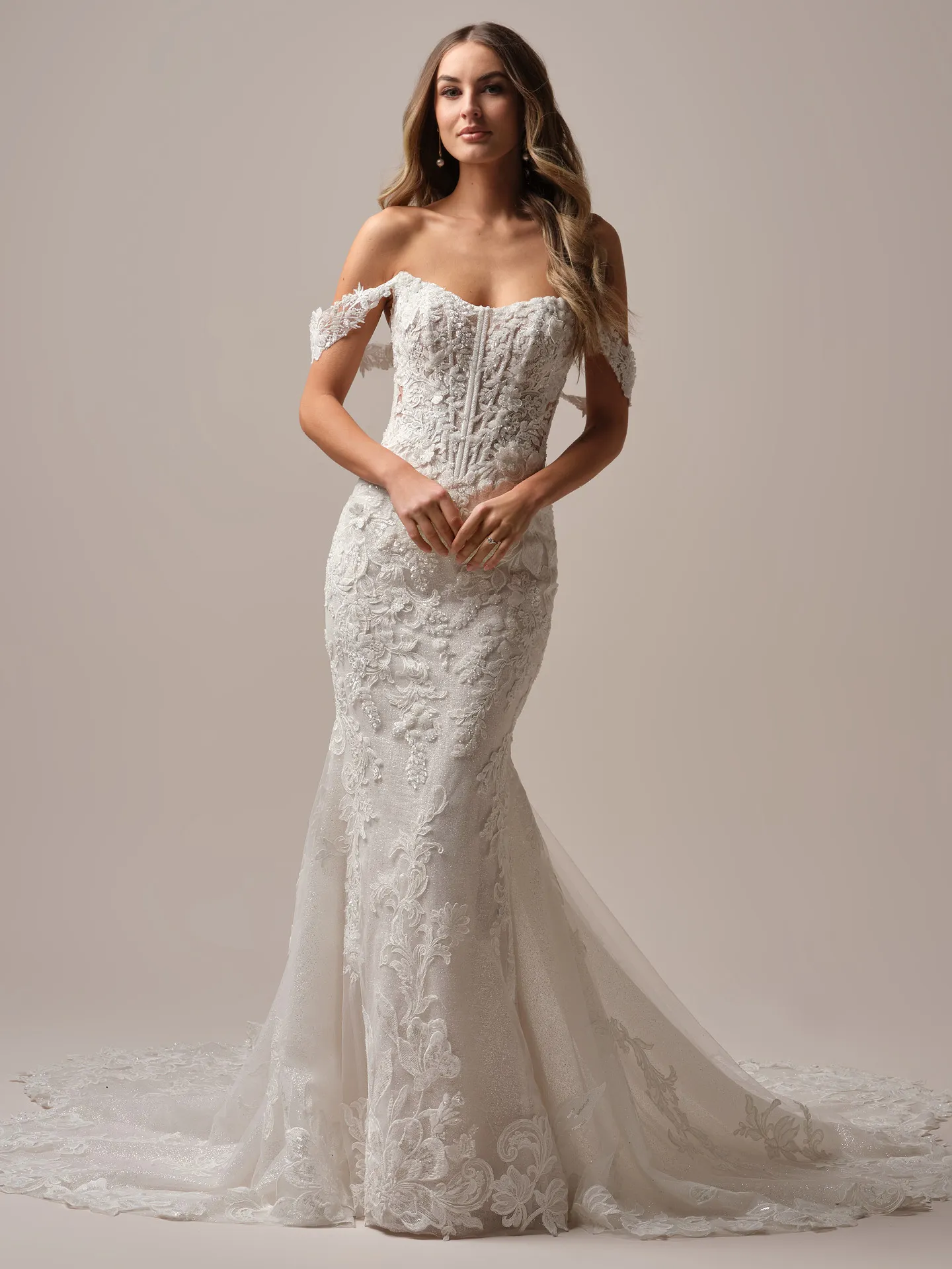 Sottero and Midgley Halle fit and flare wedding dress side view with fitted skirt and lace detail