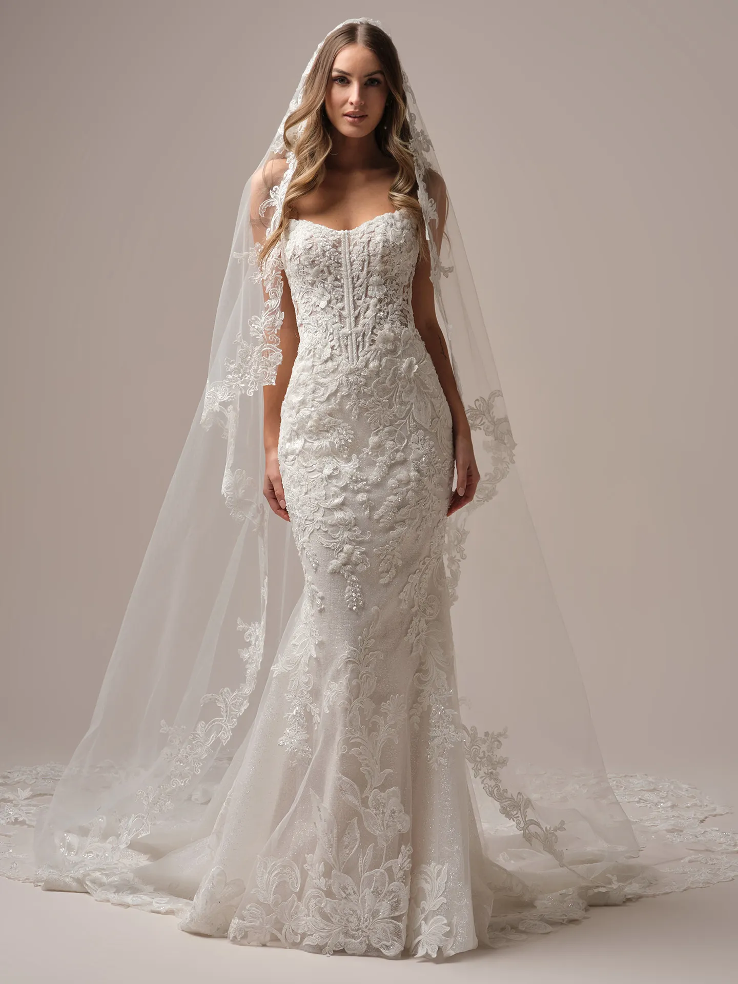 Sottero and Midgley Halle fit and flare wedding dress side angle with visible lace bodice detail