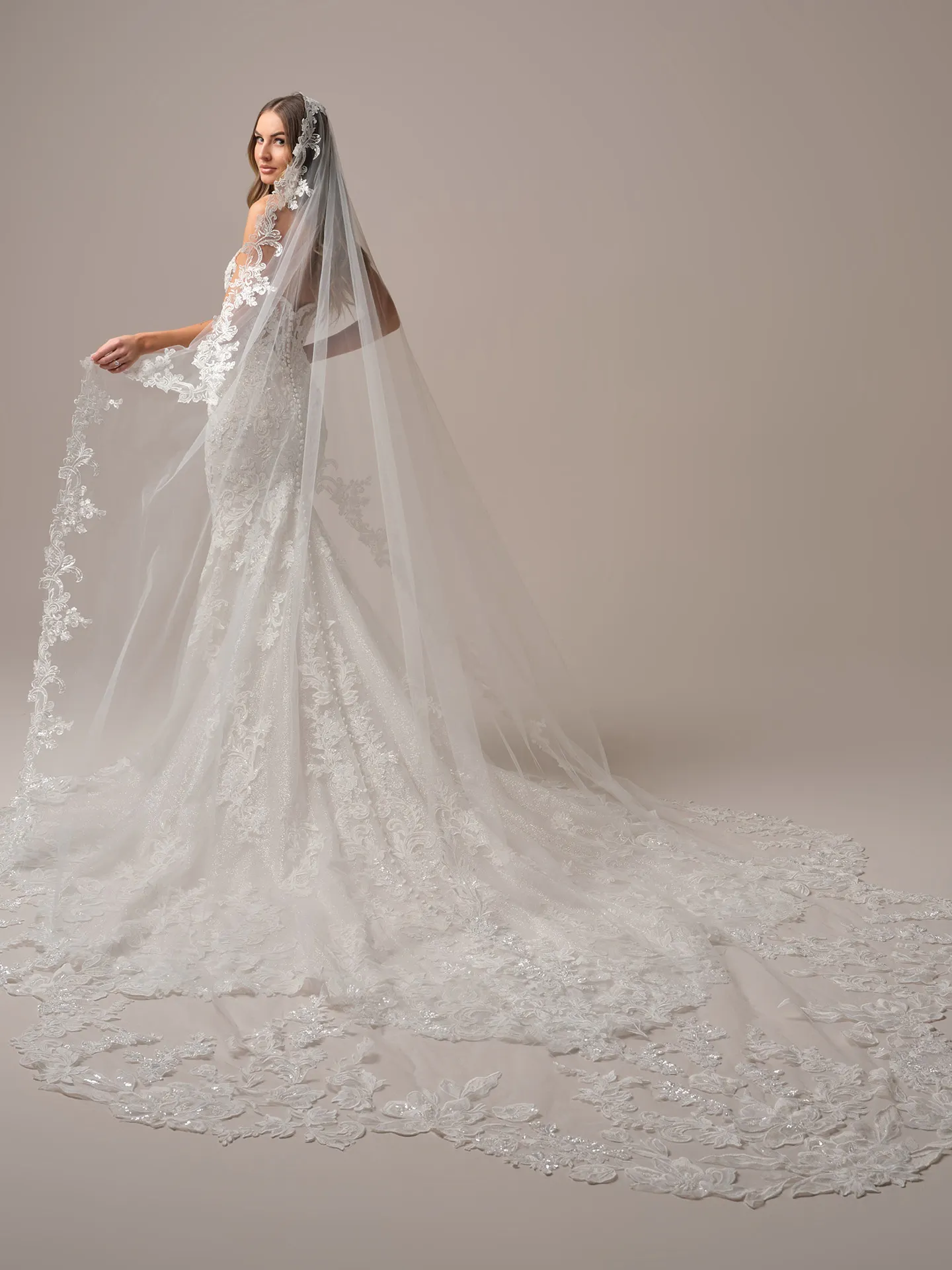 Sottero and Midgley Halle fit and flare wedding dress front angle with fitted bodice and skirt