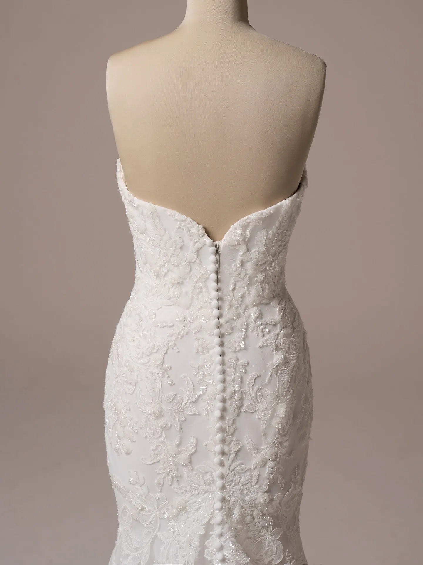 Sottero and Midgley Halle fit and flare wedding dress back view with narrow trailing train