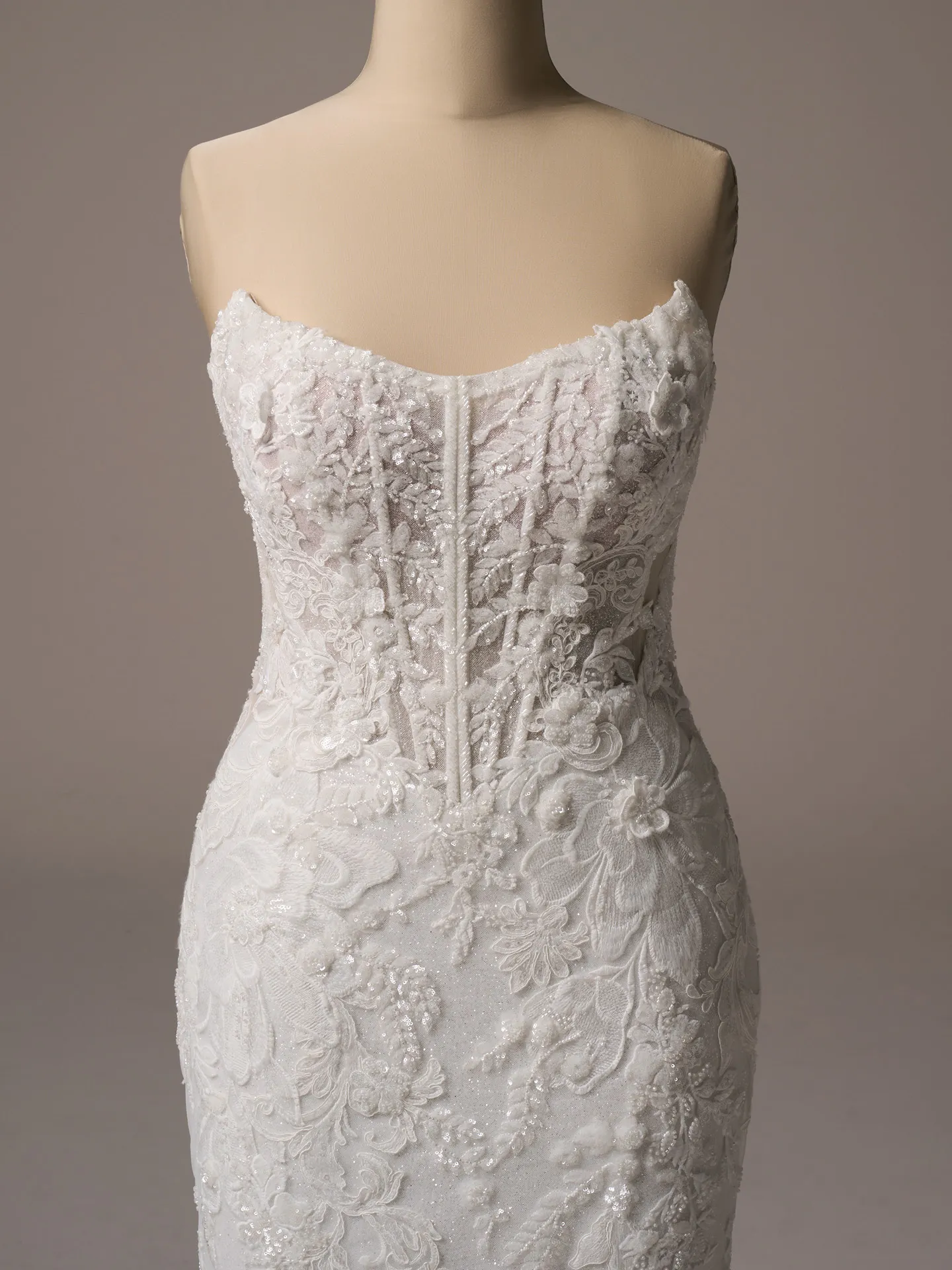 Sottero and Midgley Halle fit and flare wedding dress front view in ivory tone lace