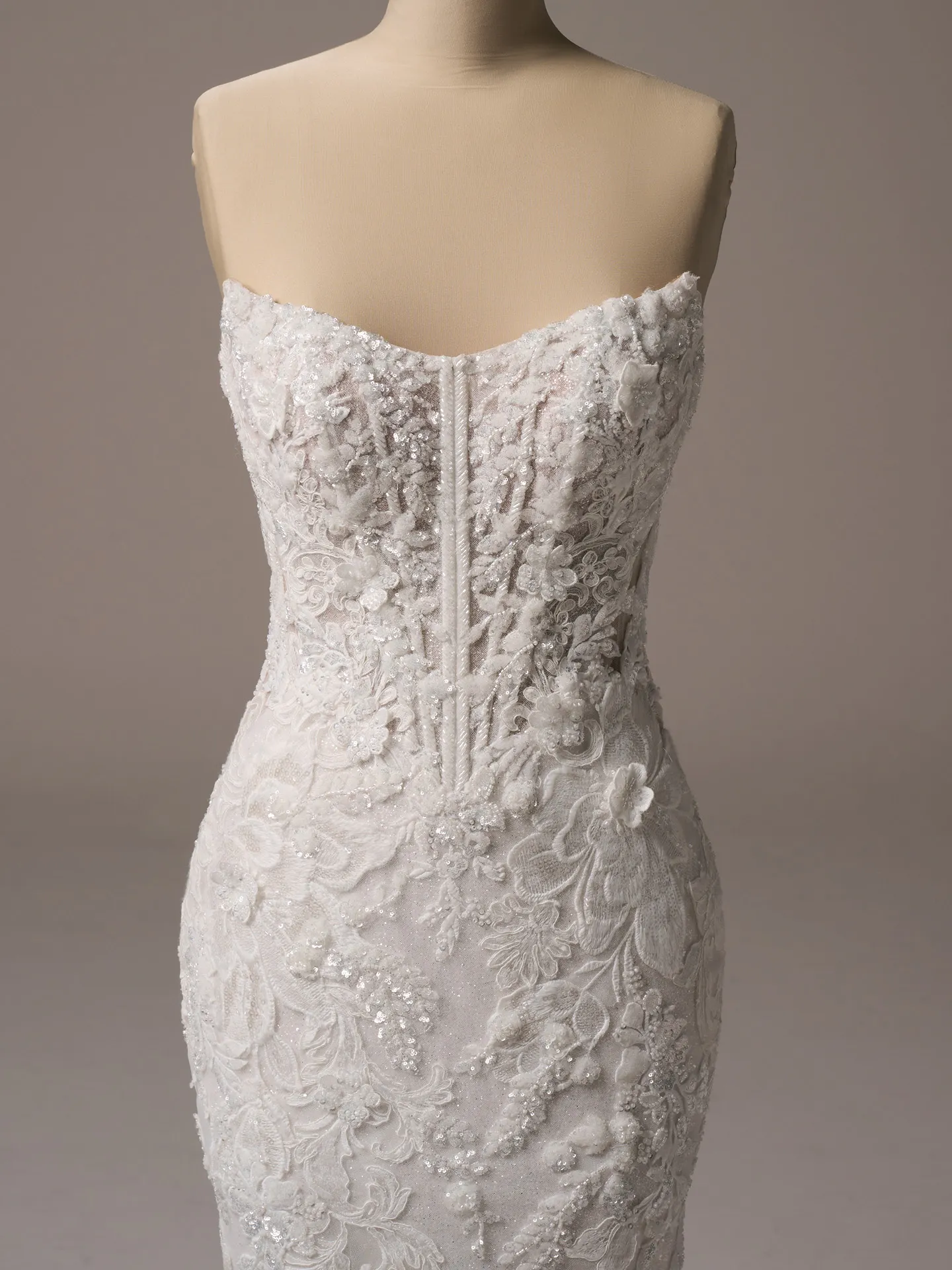 Sottero and Midgley Halle fit and flare wedding dress front view in ivory tone lace