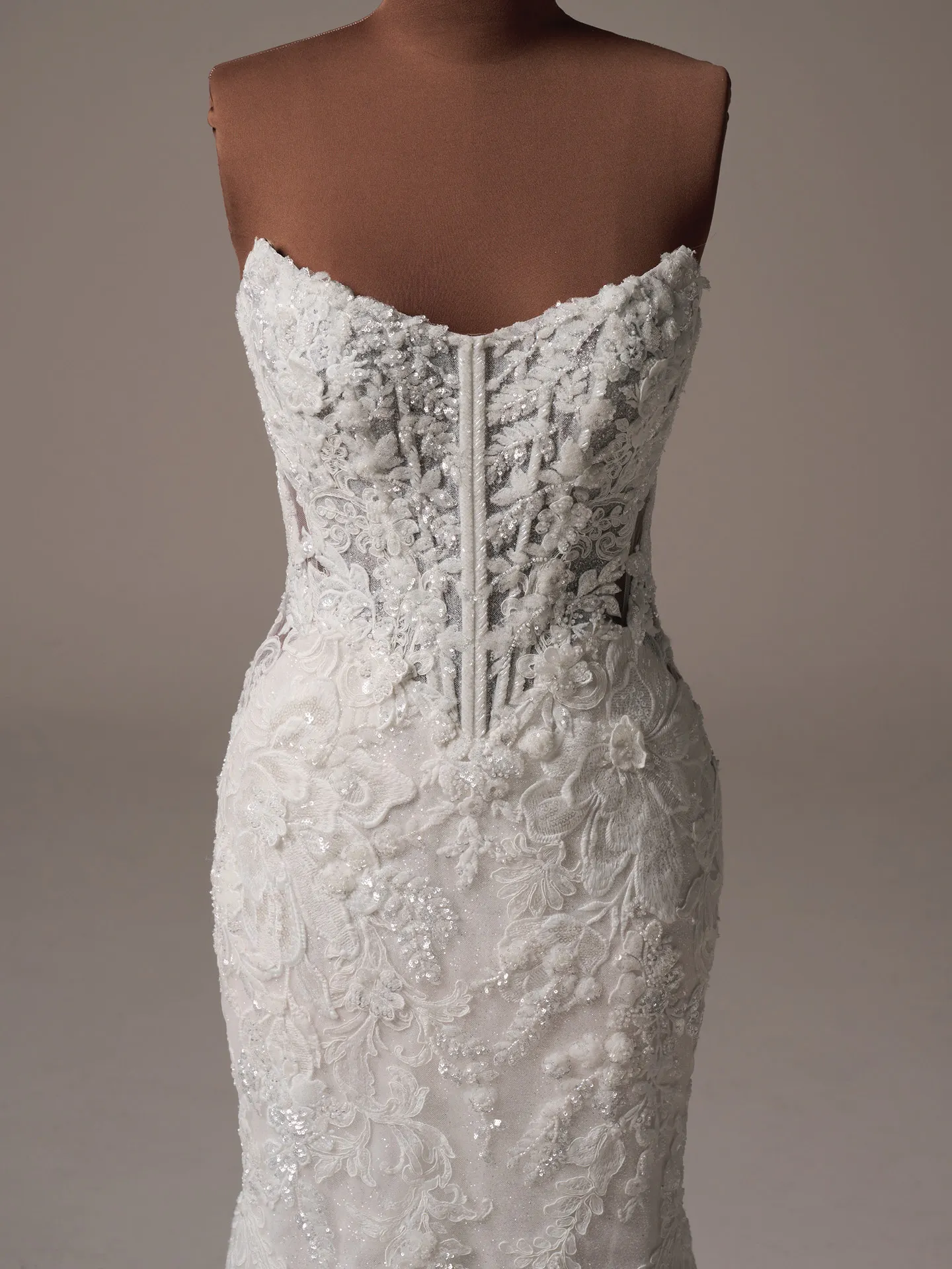 Sottero and Midgley Halle fit and flare wedding dress front view in darker ivory lace tone