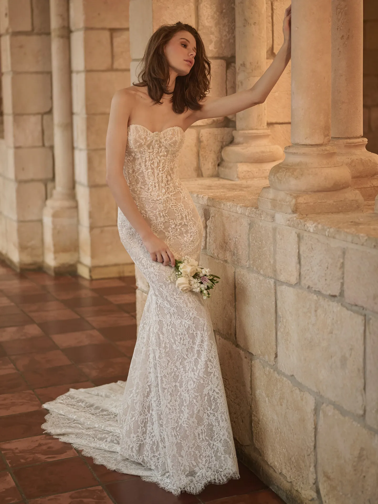 Sottero and Midgley Jovienne sheath wedding dress back angle with trailing train