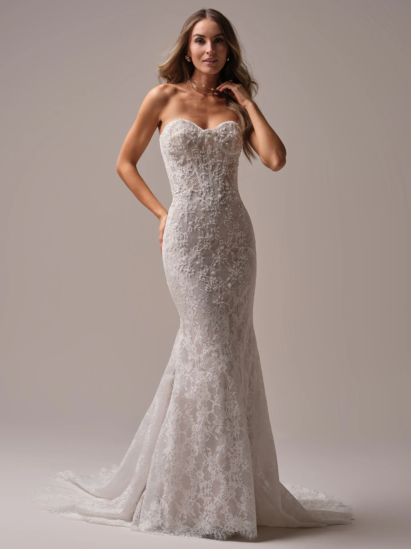 Sottero and Midgley Jovienne sheath wedding dress side angle with fitted waist
