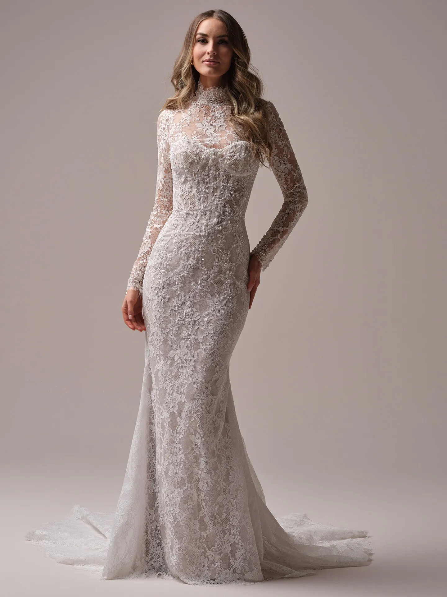Sottero and Midgley Jovienne sheath wedding dress side view with sleek silhouette