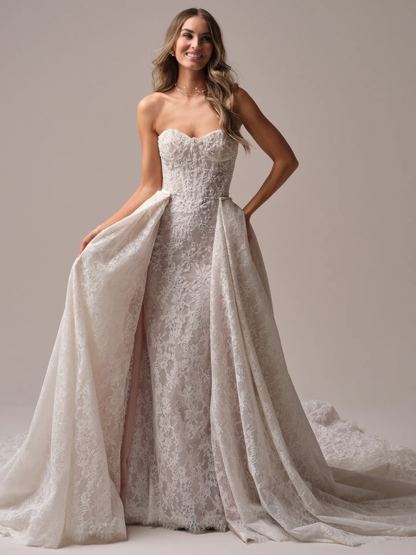Sottero and Midgley Jovienne front view, lace mermaid wedding dress with illusion back.