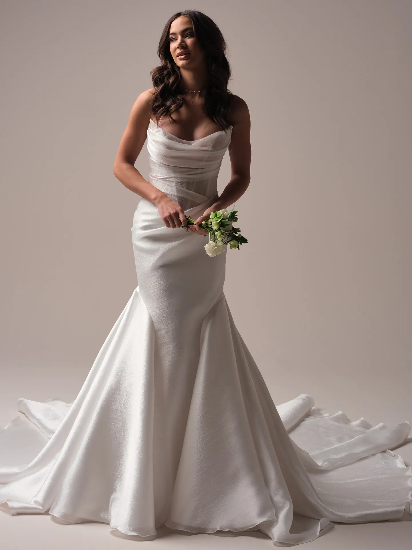 Sottero and Midgley Lagos front view mermaid wedding dress with organza details.