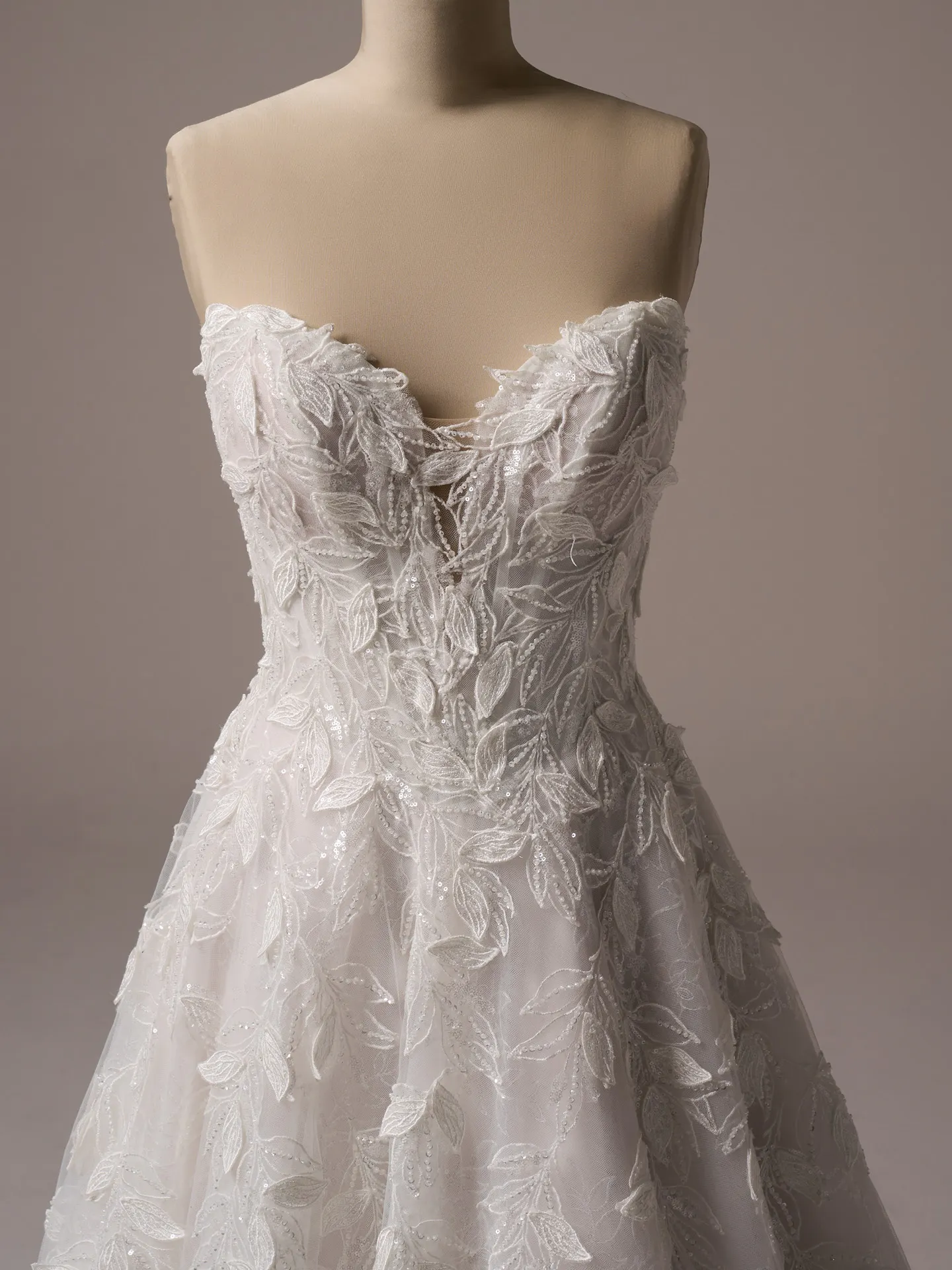 Sottero and Midgley Maritza front view with 3-D floral shimmering lace details