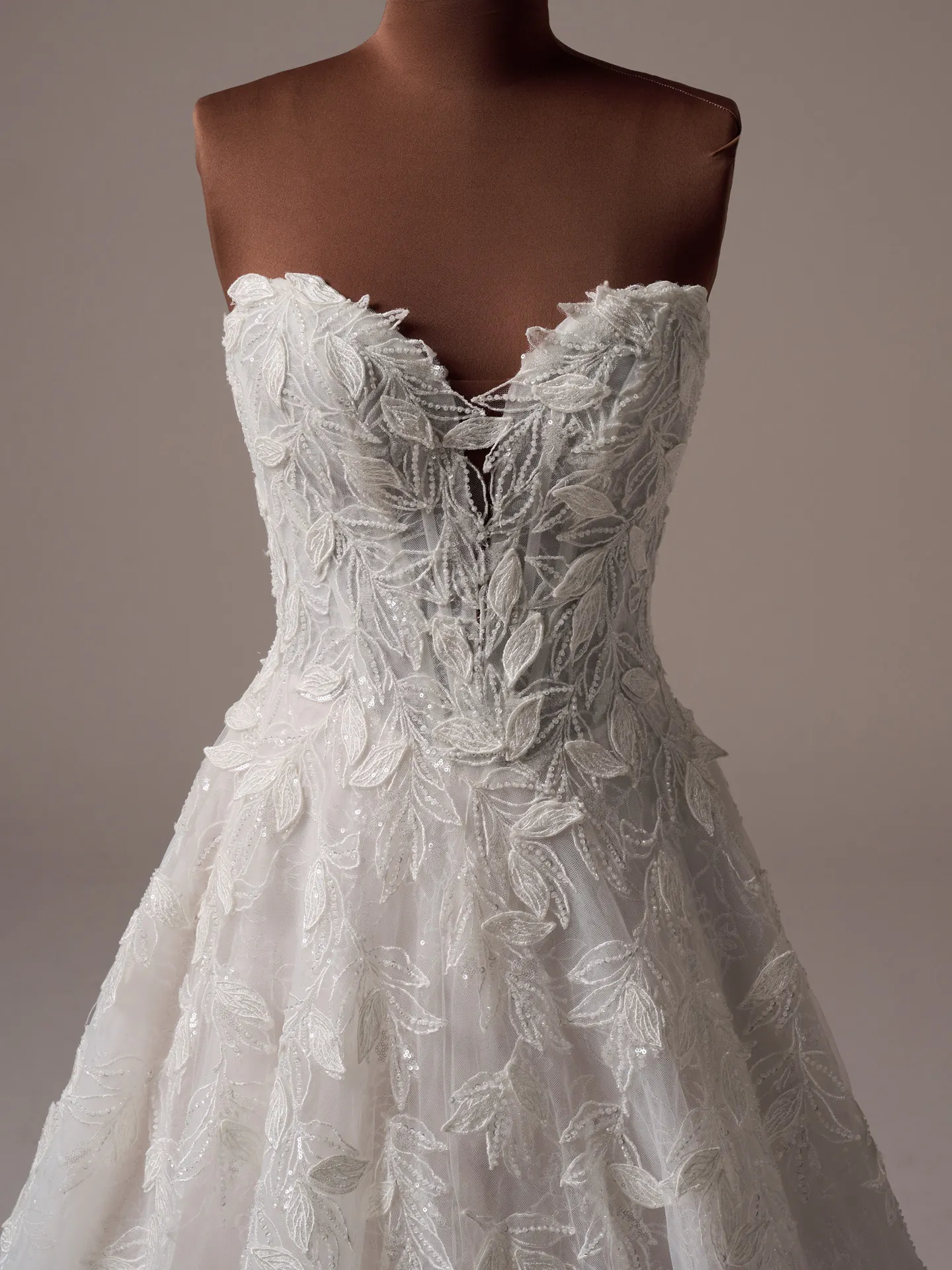 Sottero and Midgley Maritza front view floral A-line wedding gown with shimmer details.