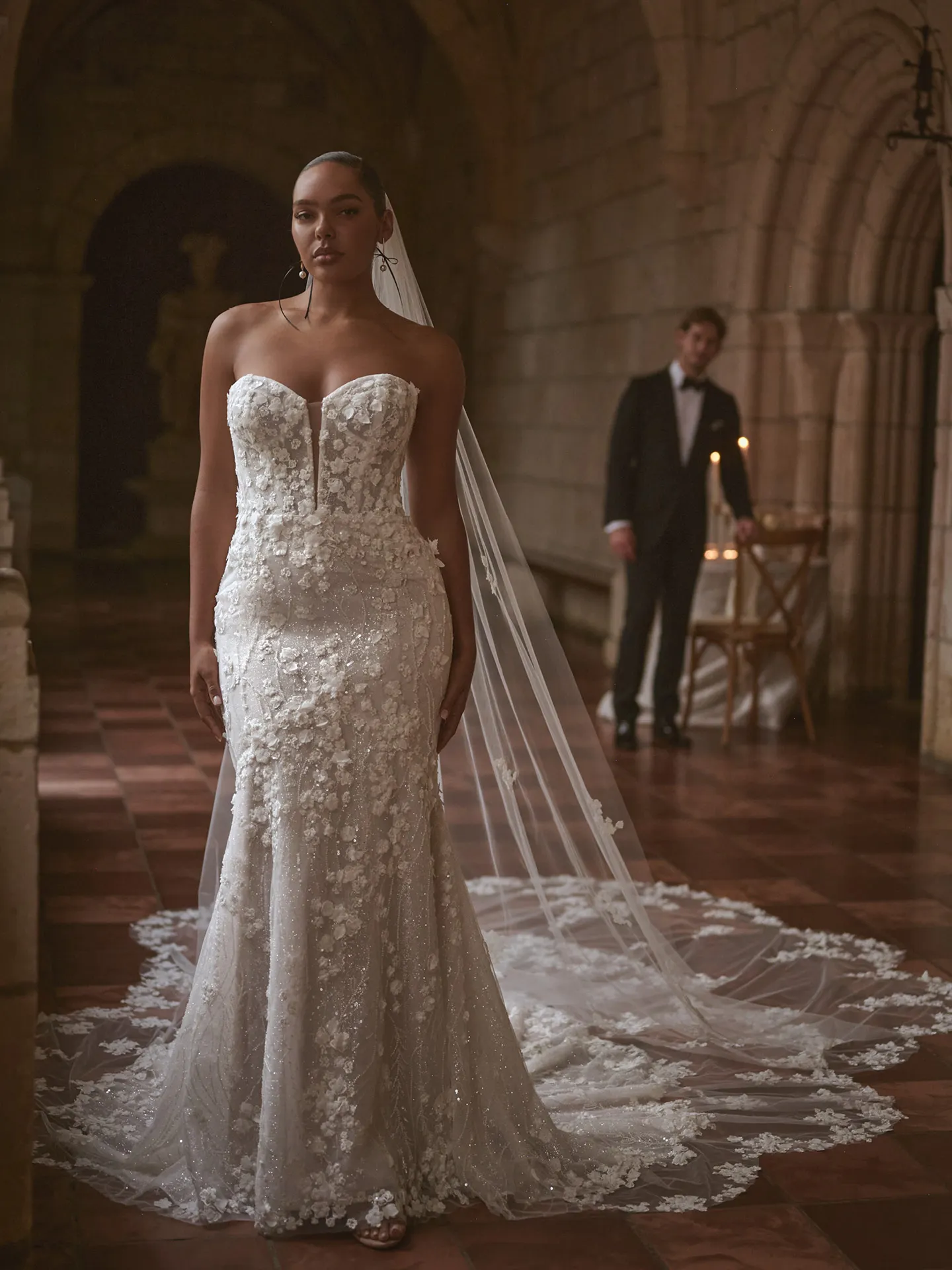 Sottero and Midgley Noor mermaid dress front view with 3-D floral design and sparkly details.