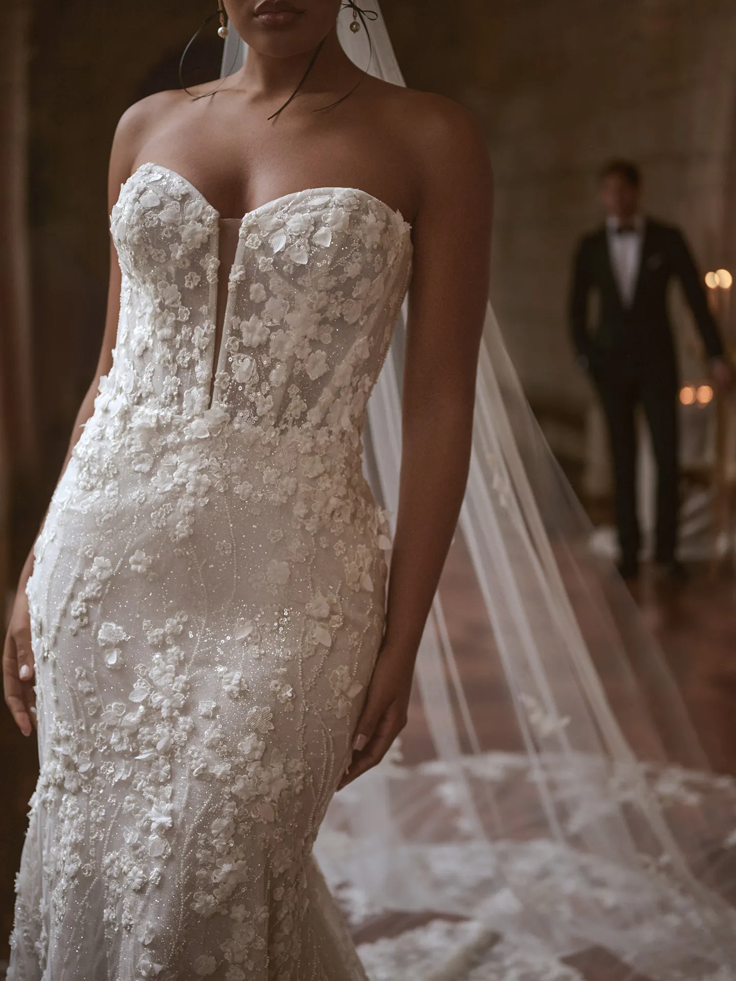 Noor mermaid wedding dress front view with 3-D floral texture by Sottero and Midgley.