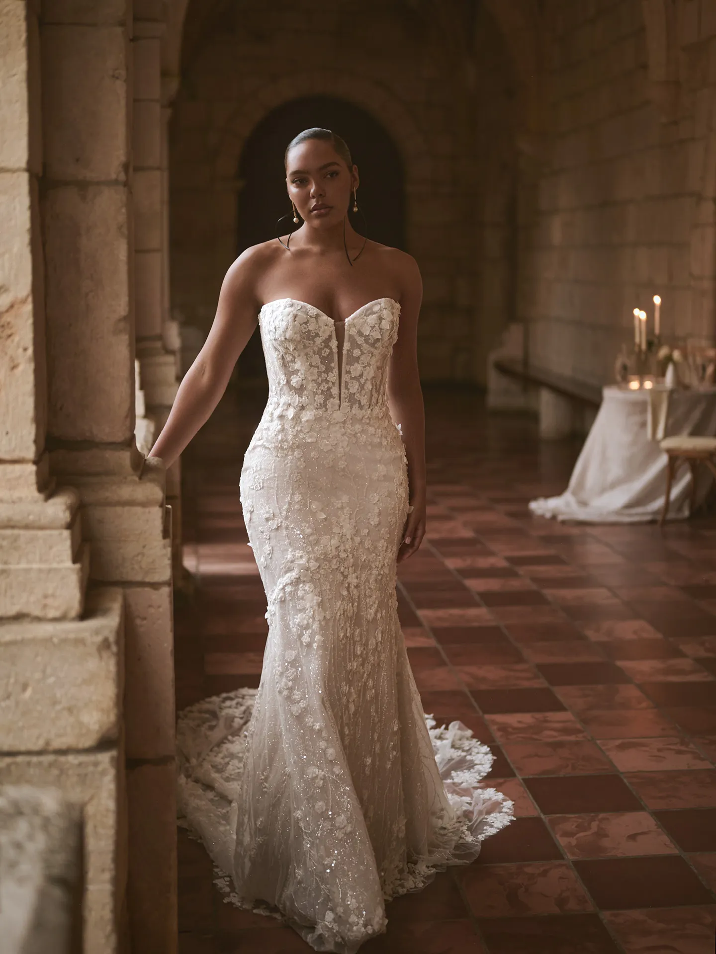 Noor floral sparkly mermaid dress front view in a stone hall Sottero and Midgley