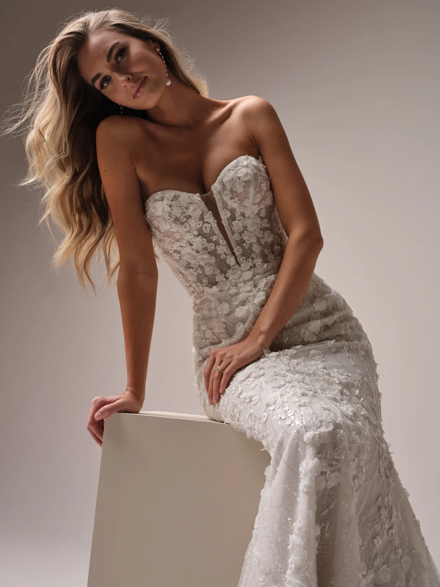 Noor sparkly mermaid dress with textured 3-D floral design front view