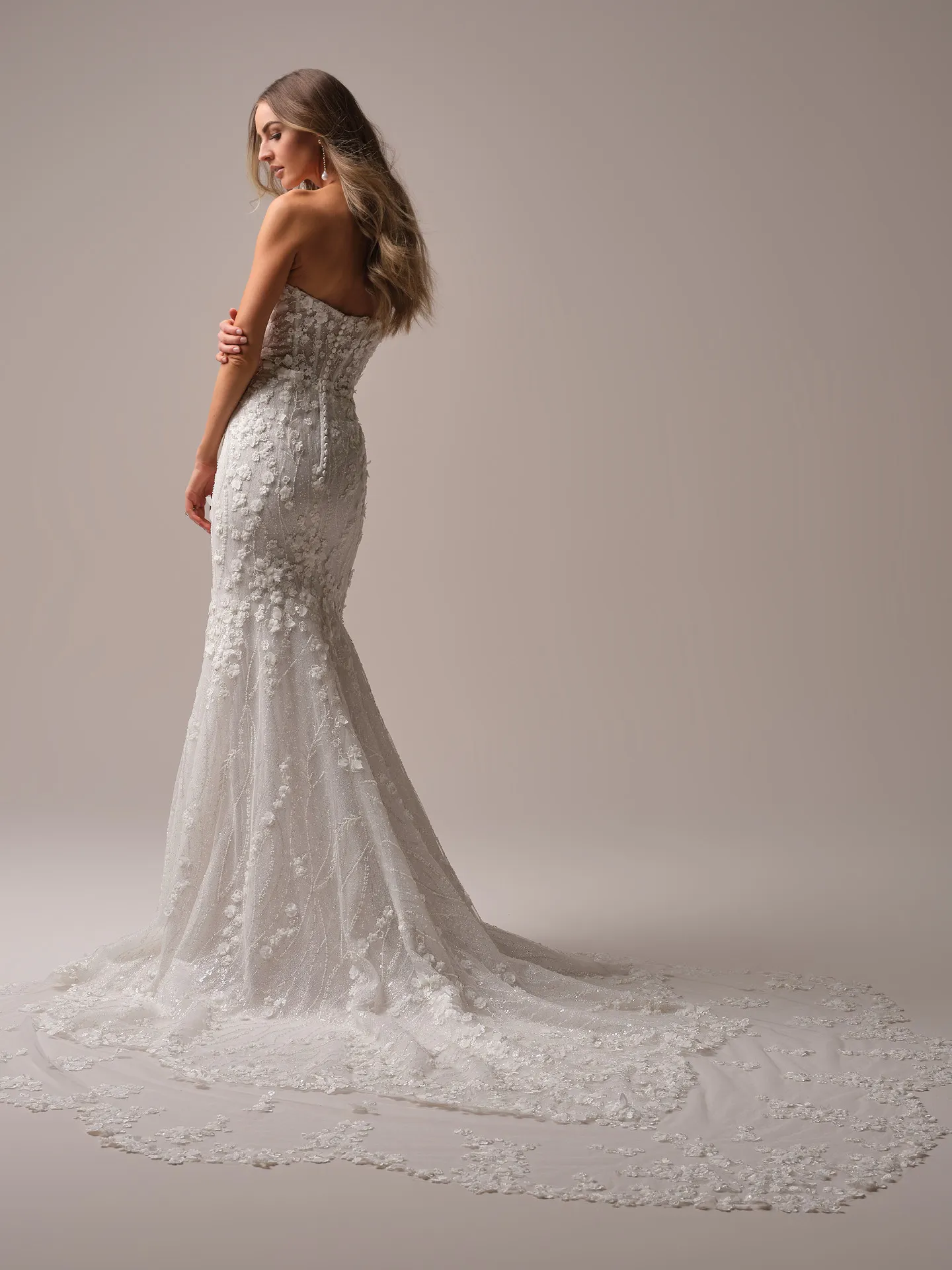 Sottero and Midgley Noor mermaid dress back view, textured 3D florals, sparkly fabric.